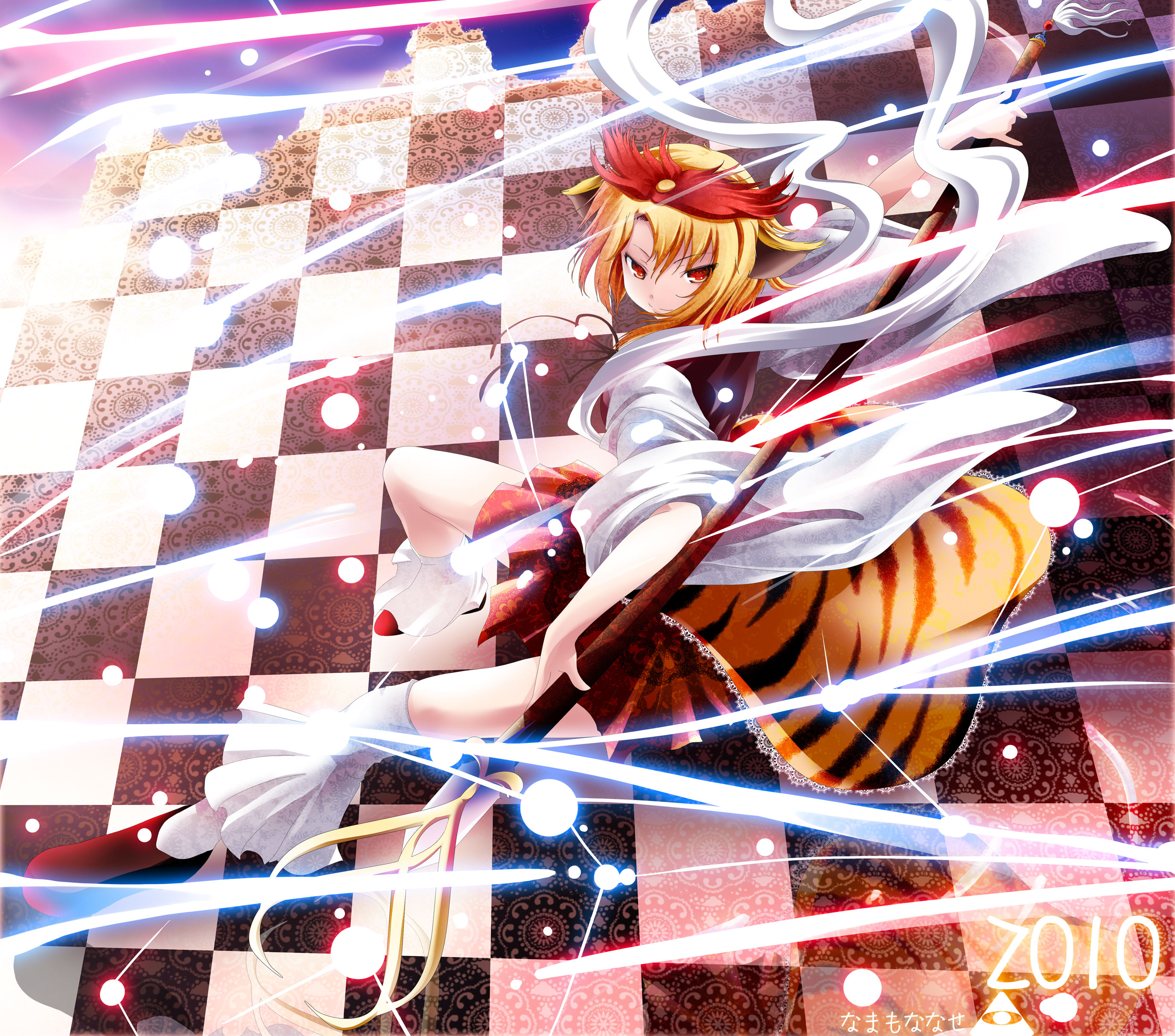 namamo nanase, toramaru shou, touhou, absurdres, highres, 1girl, animal print, blonde hair, female focus, hair ornament, multicolored hair, polearm, red eyes, shawl, short hair, solo, spear, tiger print, weapon