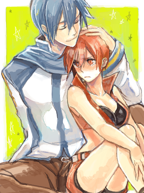 kaito (vocaloid), meiko (vocaloid), vocaloid, 1boy, 1girl, belt, blue hair, blue scarf, blush, breasts, couple, hand on another's head, head rest, hetero, medium breasts, oekaki, red hair, scarf, short hair, skirt, smile, tears, tegaki