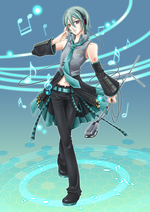 yuki (port fairy), faize scheifa beleth, hatsune miku, star ocean, star ocean: the last hope, vocaloid, bad id, bad pixiv id, 1girl, bishounen, cosplay, detached sleeves, female focus, full body, gradient background, green hair, hatsune miku (cosplay), headphones, microphone, midriff, musical note, purple eyes, solo
