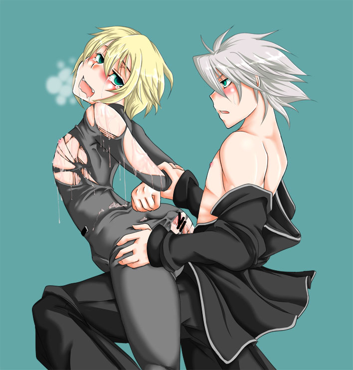 cheerio, kisaragi jin, ragna the bloodedge, arc system works, blazblue, blazblue: calamity trigger, 2boys, blonde hair, blush, brothers, censored, cum, forced, incest, male focus, multiple boys, open mouth, penis, rape, saliva, siblings, sweatdrop, tears, torn clothes, yaoi