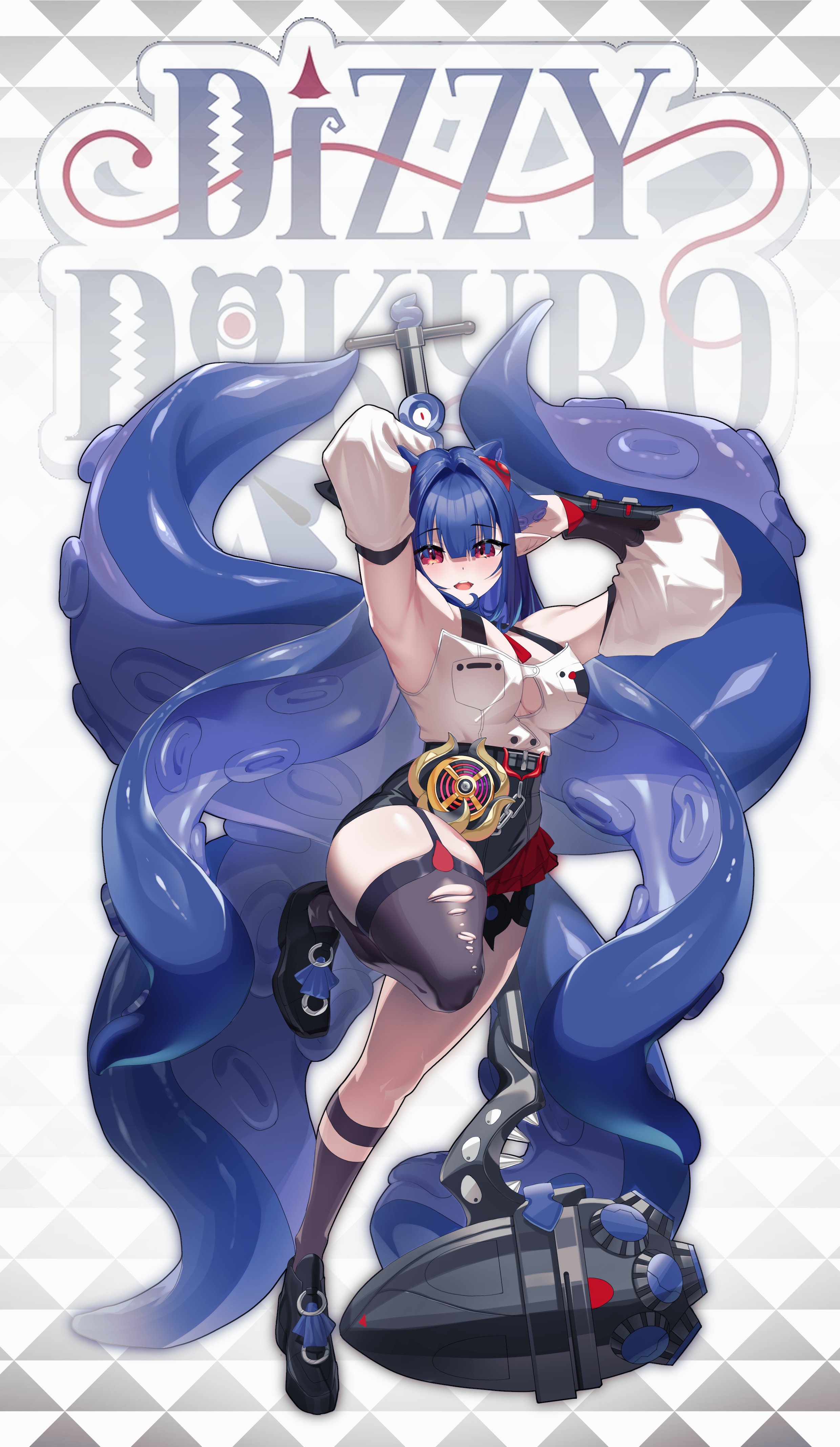 dizzy dokuro, yidhari murphy, phase connect, absurdres, commentary, highres, second-party source, 1girl, armpits, asymmetrical legwear, black garter straps, black shoes, black shorts, blue hair, breasts, character name, cosplay, detached sleeves, garter straps, high-waist shorts, langssi, long hair, open mouth, pointy ears, red eyes, shoes, shorts, single garter strap, solo, tentacles, thighhighs, torn clothes, torn thighhighs, virtual youtuber, white sleeves, yidhari murphy (cosplay)