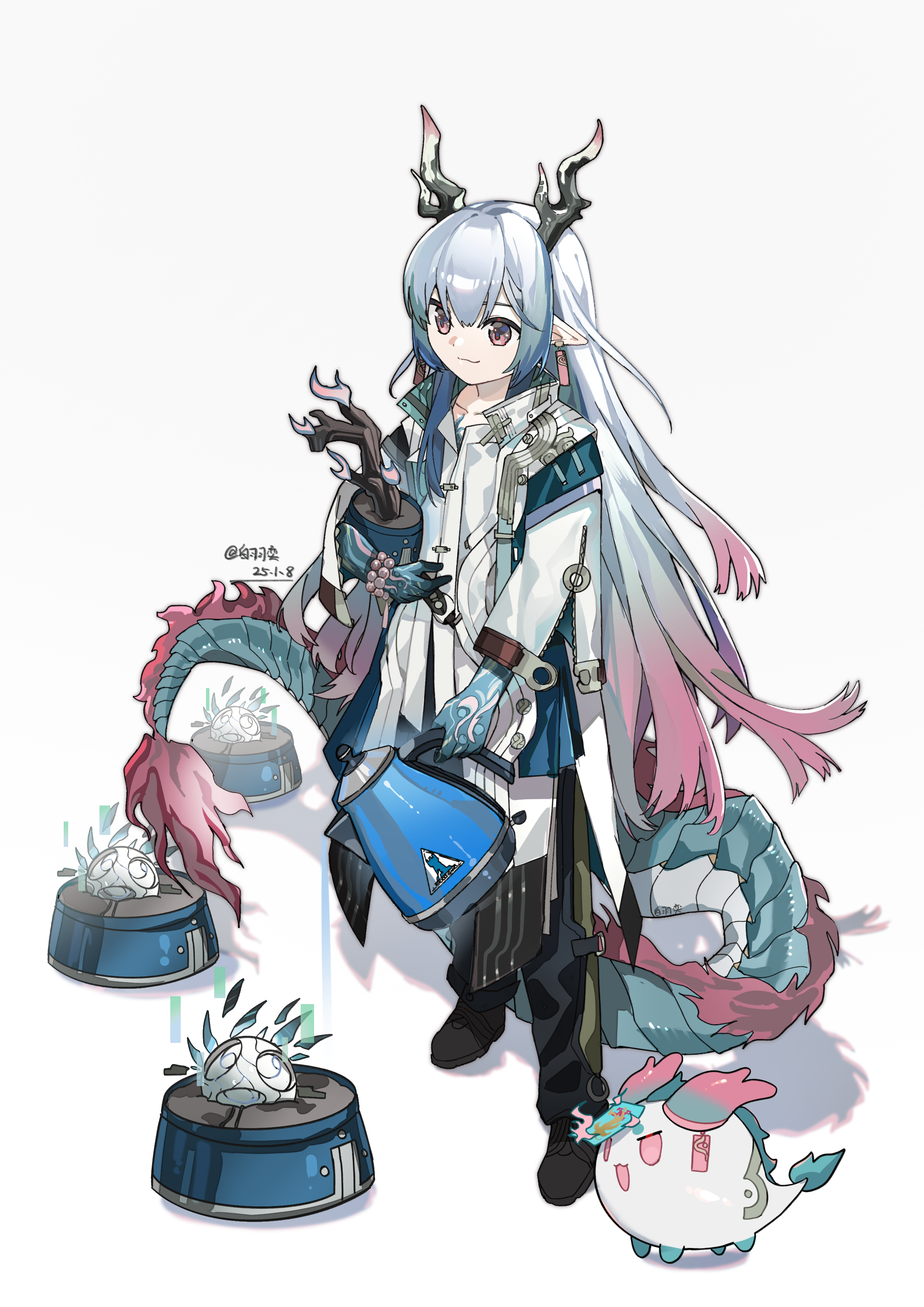 baiyuyi, yi (arknights), arknights, absurdres, chinese commentary, commentary request, highres, 1boy, bead bracelet, beads, black pants, black shoes, blue hands, bonsai, bracelet, colored extremities, creature, dragon boy, dragon bubble (arknights), dragon horns, dragon tail, earrings, eastern dragon horns, eastern dragon tail, flower pot, full body, grey hair, hair between eyes, holding, holding flower pot, holding kettle, horns, jacket, jewelry, kettle, long hair, long sleeves, male focus, multicolored hair, ofuda, ofuda earrings, ofuda on head, pants, pink eyes, plant, pointy ears, potted plant, shoes, smile, solo, streaked hair, tail, watering, white jacket
