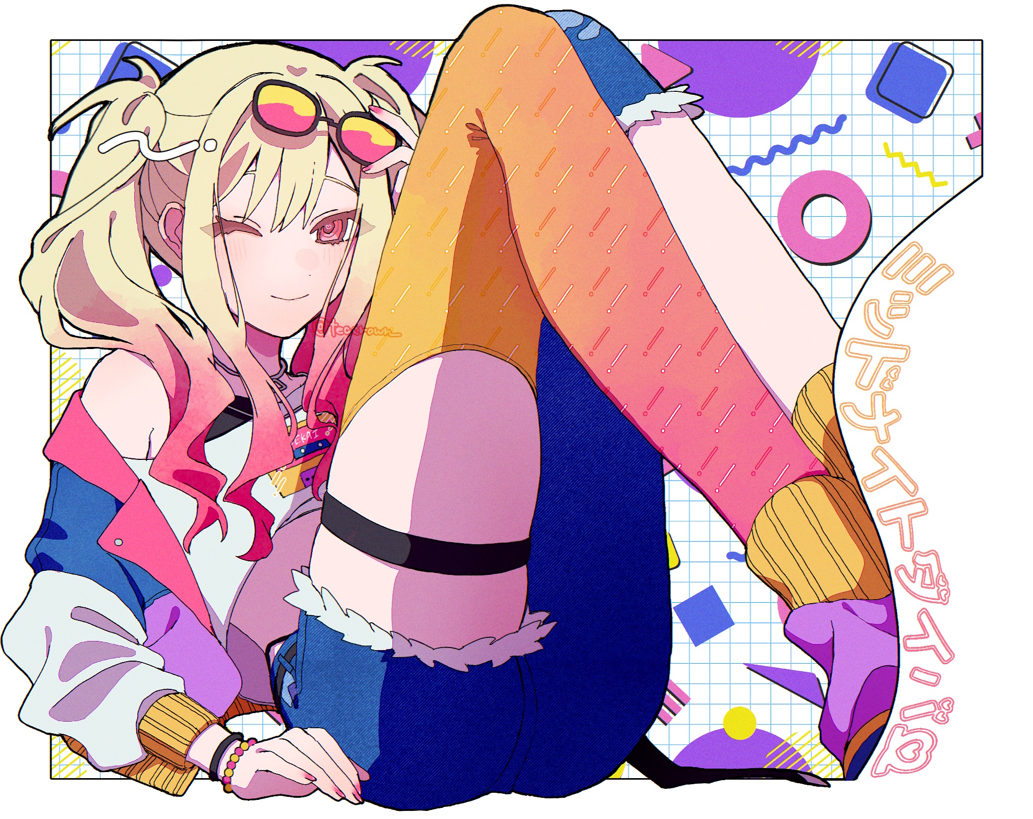 teacrown, tenma saki, project sekai, commentary, highres, 1girl, ;), asymmetrical clothes, asymmetrical legwear, bead bracelet, beads, belt, black-framed eyewear, blonde hair, blue pants, blush, border, bracelet, closed mouth, crop top, cutoffs, denim, eyewear on head, gradient hair, gradient pantyhose, grid background, hair between eyes, hand up, jacket, jeans, jewelry, knees up, lapels, long hair, long sidelocks, long sleeves, looking at viewer, midnight diver (project sekai), midriff, multicolor-tinted eyewear, multicolored hair, multicolored jacket, nail polish, necklace, off-shoulder shirt, off shoulder, official alternate costume, one eye closed, open clothes, open jacket, orange pantyhose, outdoors, pants, pantyhose, pink eyes, pink hair, pink nails, pink pantyhose, red-tinted eyewear, shirt, sidelocks, single pantsleg, single thighhigh, smile, solo, sunglasses, thigh strap, thighhighs, tinted eyewear, torn clothes, torn pants, twintails, white border, white shirt, yellow-tinted eyewear