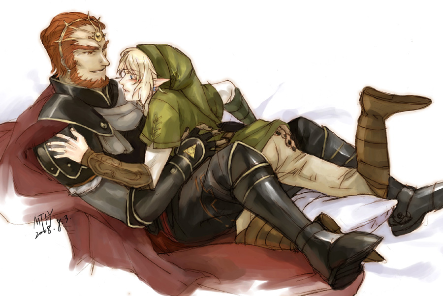 mtfy (artist), ganondorf, link, nintendo, the legend of zelda, ass grab, grabbing, 2boys, ass, bed, blonde hair, blush, multiple boys, nail polish, piercing, pointy ears, smile, triforce, yaoi