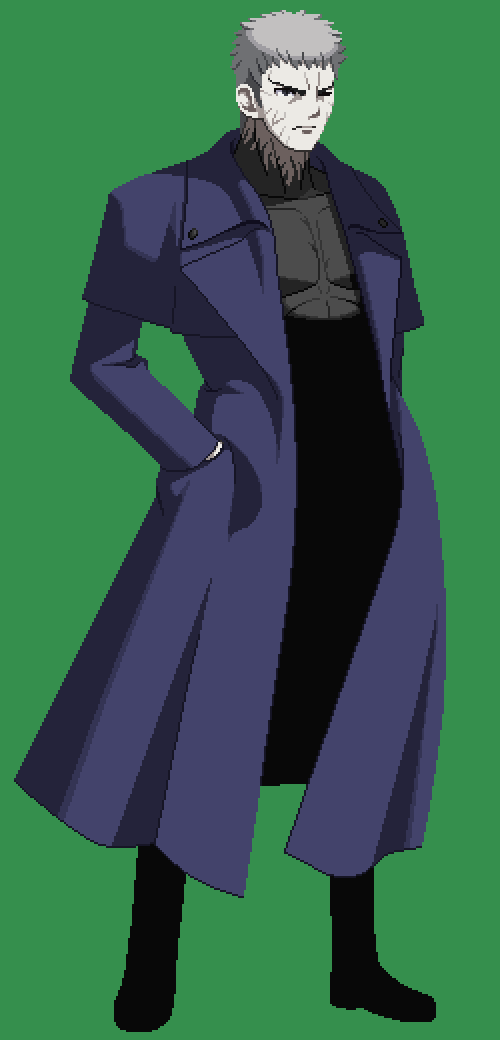 spdcooler, nrvnqsr chaos, melty blood, melty blood: type lumina, tsukihime, tsukihime (remake), 1boy, black coat, black skin, coat, colored skin, expressionless, green background, grey hair, hands in pockets, one eye closed, open clothes, open coat, pale skin, parody, pectorals, pixel art, standing, style parody, trench coat