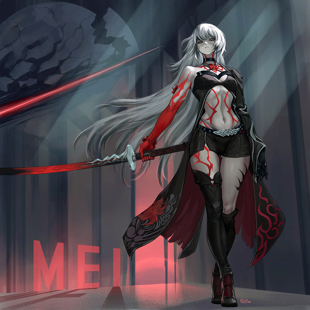 acheron (honkai: star rail), honkai: star rail, honkai (series), 1girl, asymmetrical legwear, breasts, choker, colored skin, cracked skin, crop top, english text, full body, holding, holding sword, holding weapon, iricity, long hair, midriff, navel, red eyes, red skin, single bare shoulder, strap, sword, tailcoat, very long hair, weapon, white hair