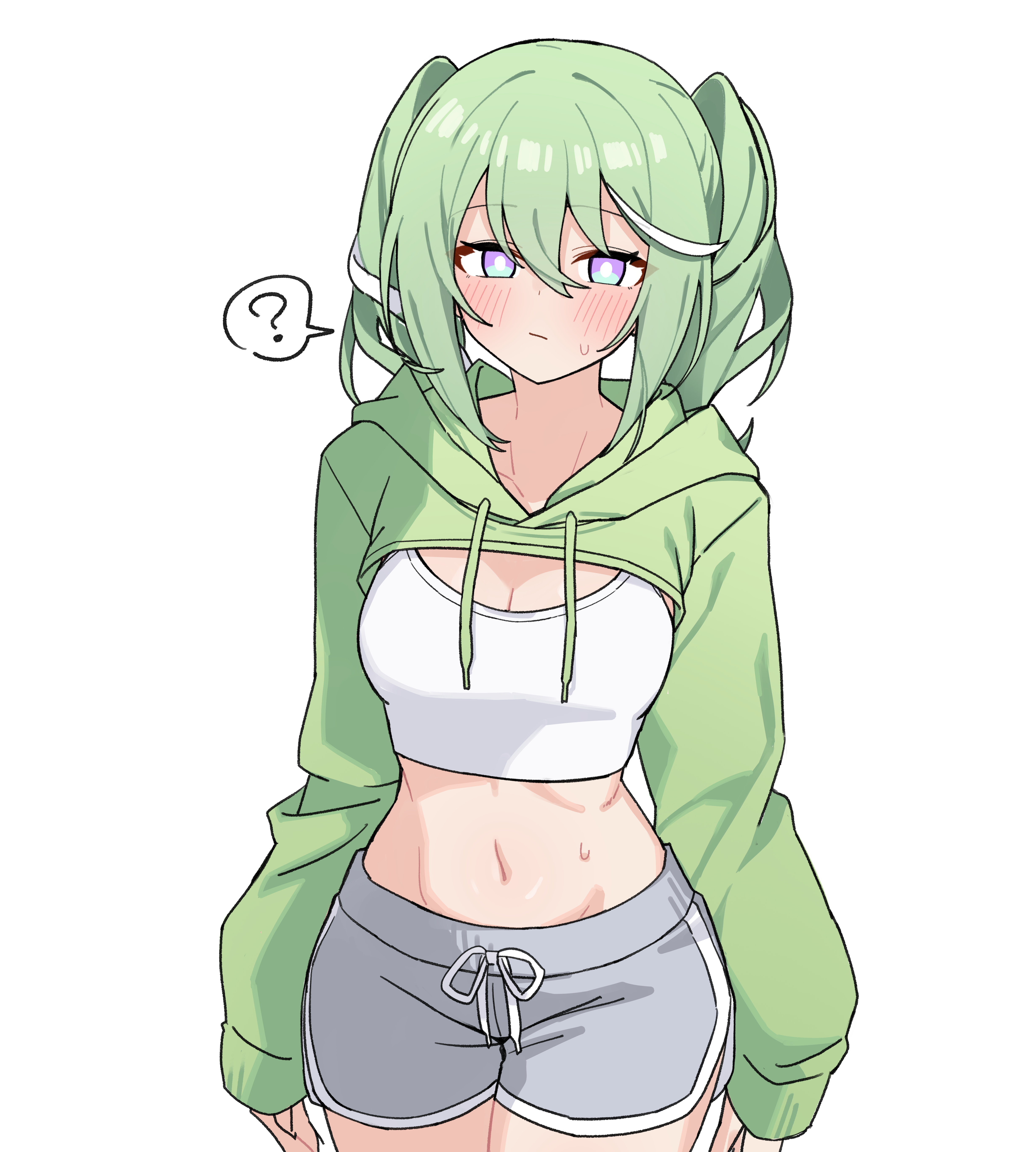 maksagwa, yuzuha riko, stellive, absurdres, bad id, bad pixiv id, highres, 1girl, ?, arms at sides, blush, breasts, cleavage, closed mouth, cowboy shot, crop top, dolphin shorts, drawstring, green hair, green shrug, grey shorts, groin, hood, hood down, hooded shrug, looking at viewer, medium hair, midriff, multicolored hair, navel, short shorts, shorts, shrug (clothing), simple background, solo, speech bubble, spoken question mark, standing, streaked hair, sweat, tank top, thick thighs, thighs, twintails, virtual youtuber, white background, white tank top, wide hips
