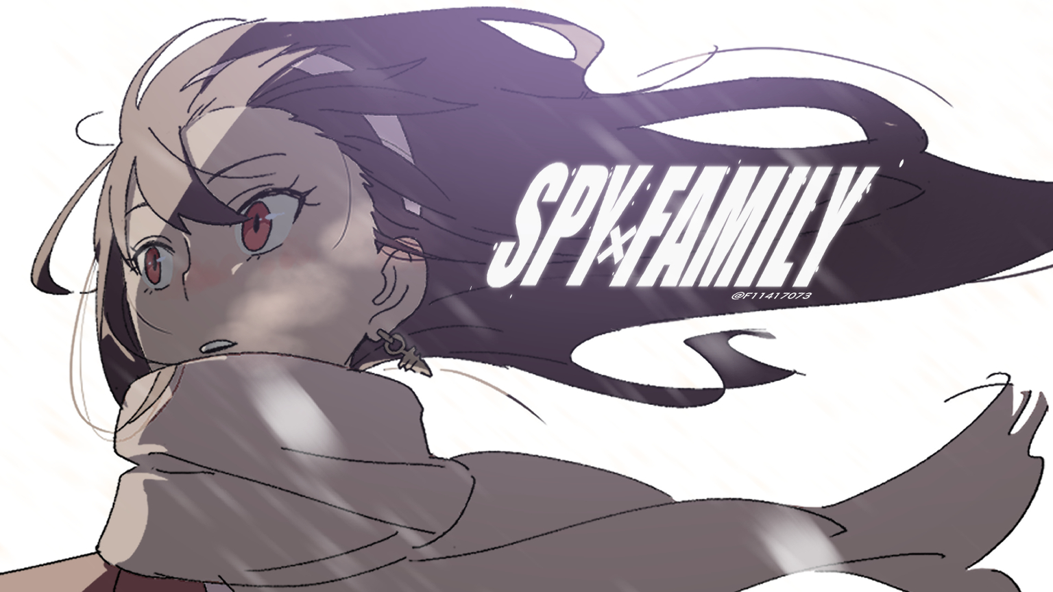 f11417073, yor briar, spy x family, 1girl, black hair, copyright name, earrings, floating hair, floating scarf, gold earrings, hairband, jewelry, long hair, looking to the side, parted lips, portrait, red eyes, scarf, snow, snowing, solo, teeth, upper teeth only, white background, white hairband, wind, wind lift