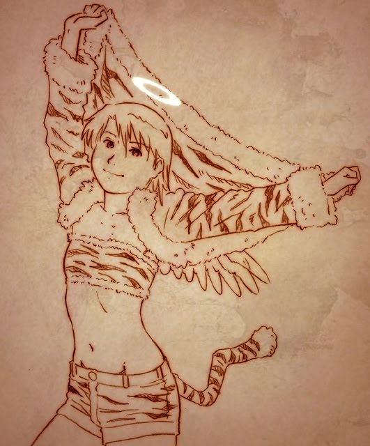 aaru sentou shuudan, kana, kana (haibane renmei), haibane renmei, 00s, 1girl, brown theme, female focus, halo, jacket, midriff, monochrome, navel, shorts, solo, tail, traditional halo, wings