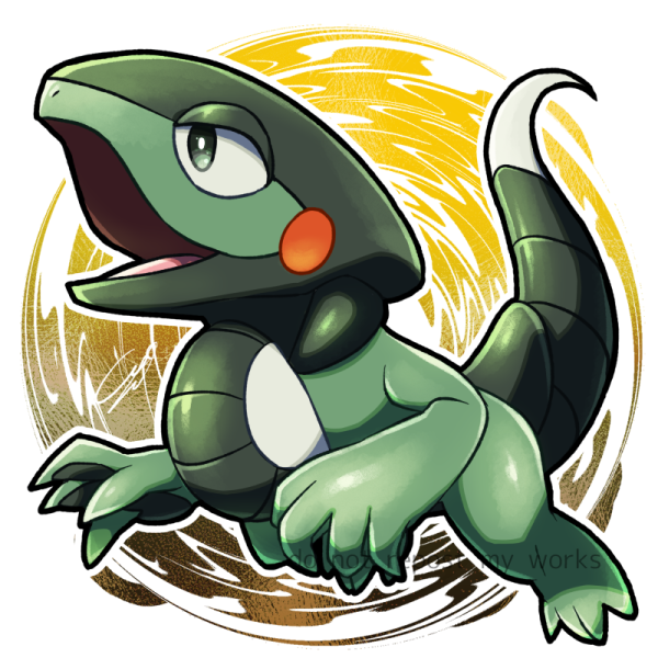 karo-chan (buttpurun), cyclizar, nintendo, pokemon, commentary request, animal focus, bright pupils, chibi, chibi only, full body, green eyes, no humans, open mouth, outline, pokemon (creature), pokemon focus, solo, watermark, white outline, white pupils