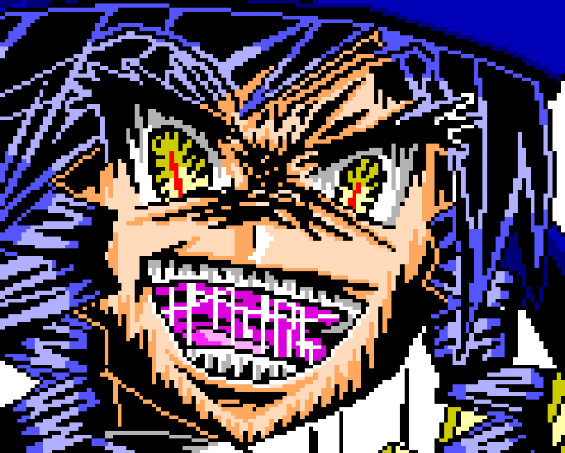 dlanor a. knox, eiserne jungfrau, umineko no naku koro ni, 00s, 1girl, crazy eyes, curly hair, evil grin, evil smile, female focus, grin, pixel art, purple hair, smile, solo, yellow eyes, you gonna get raped