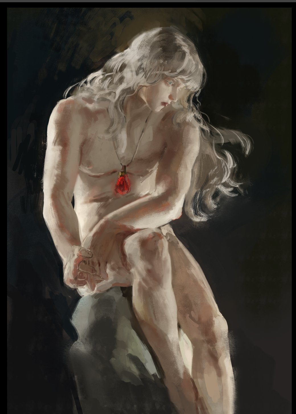 evilett, behelit, griffith (berserk), berserk, commentary, highres, 1boy, black background, blue eyes, collarbone, elbow on knee, faux traditional media, feet out of frame, long hair, looking down, nude, own hands together, rock, sitting, wavy hair, white hair