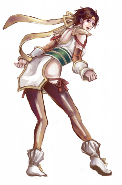 ddo yrok, nene (sengoku musou), sengoku musou, sengoku musou 2, 1girl, brown eyes, brown hair, detached sleeves, female focus, full body, headband, looking back, short hair, simple background, solo, thighhighs, white background