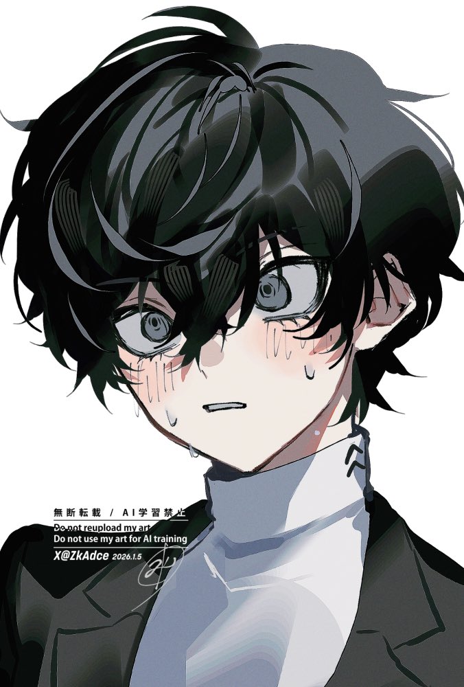 zeka (skzk cm), amamiya ren, persona, persona 5, 1boy, black hair, black jacket, grey eyes, hair between eyes, jacket, lower eyelashes only, male focus, school uniform, shuujin academy school uniform, signature, simple background, solo, sweat, twitter username, upper body, white background