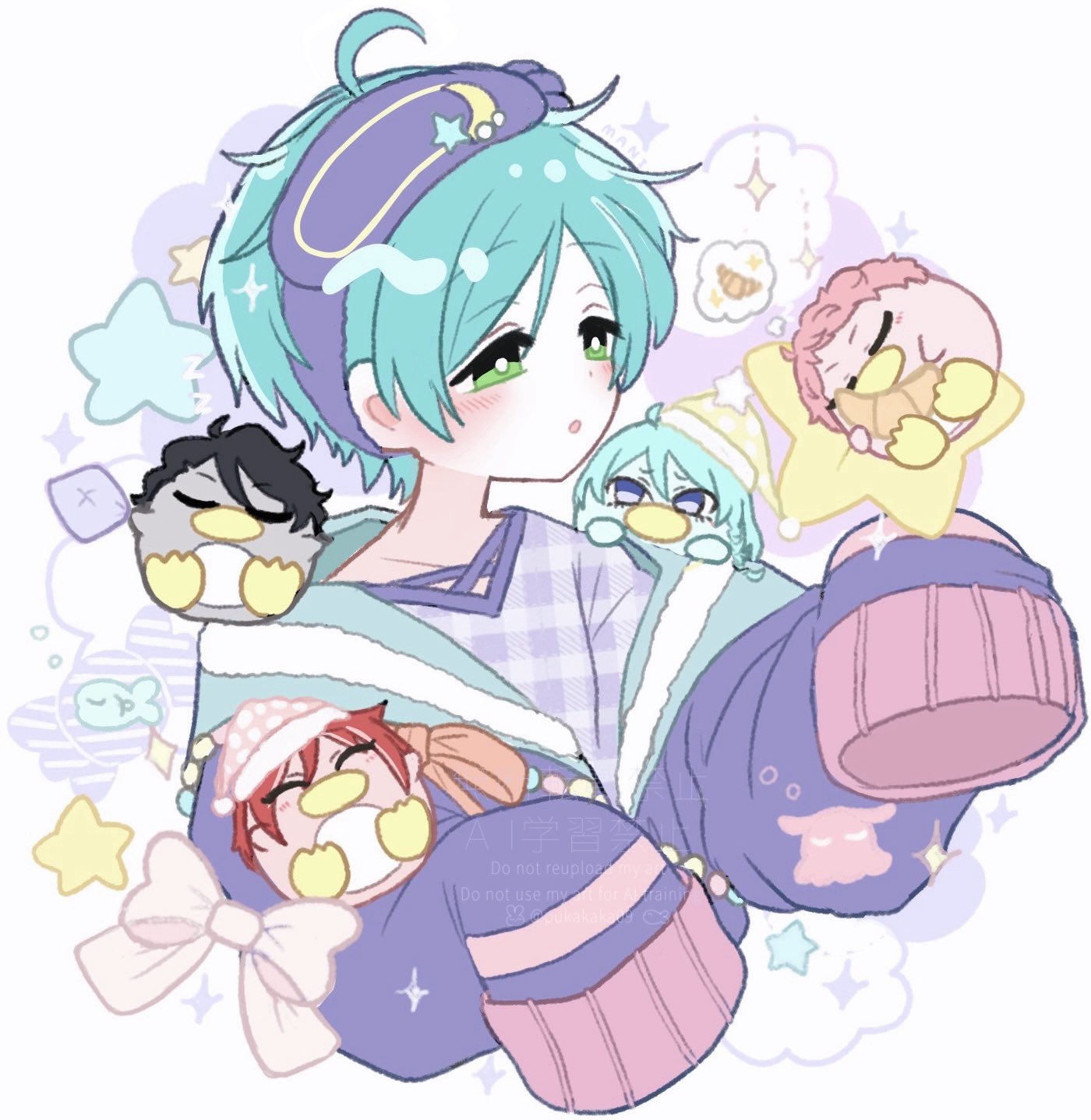 hibiki wataru, itsuki shu, sakasaki natsume, sakuma rei (ensemble stars!), shinkai kanata, ensemble stars!, commentary request, highres, 1boy, :o, ahoge, artist name, at home (ensemble stars!), bird, blue hair, bow, bright pupils, closed eyes, crescent, croissant, double-parted bangs, eye mask, fish, food, green eyes, male focus, mani (pukakaka09), mask, official alternate costume, open mouth, penguin, pillow, pink bow, short hair, sleeves past wrists, star (symbol), watermark, white pupils