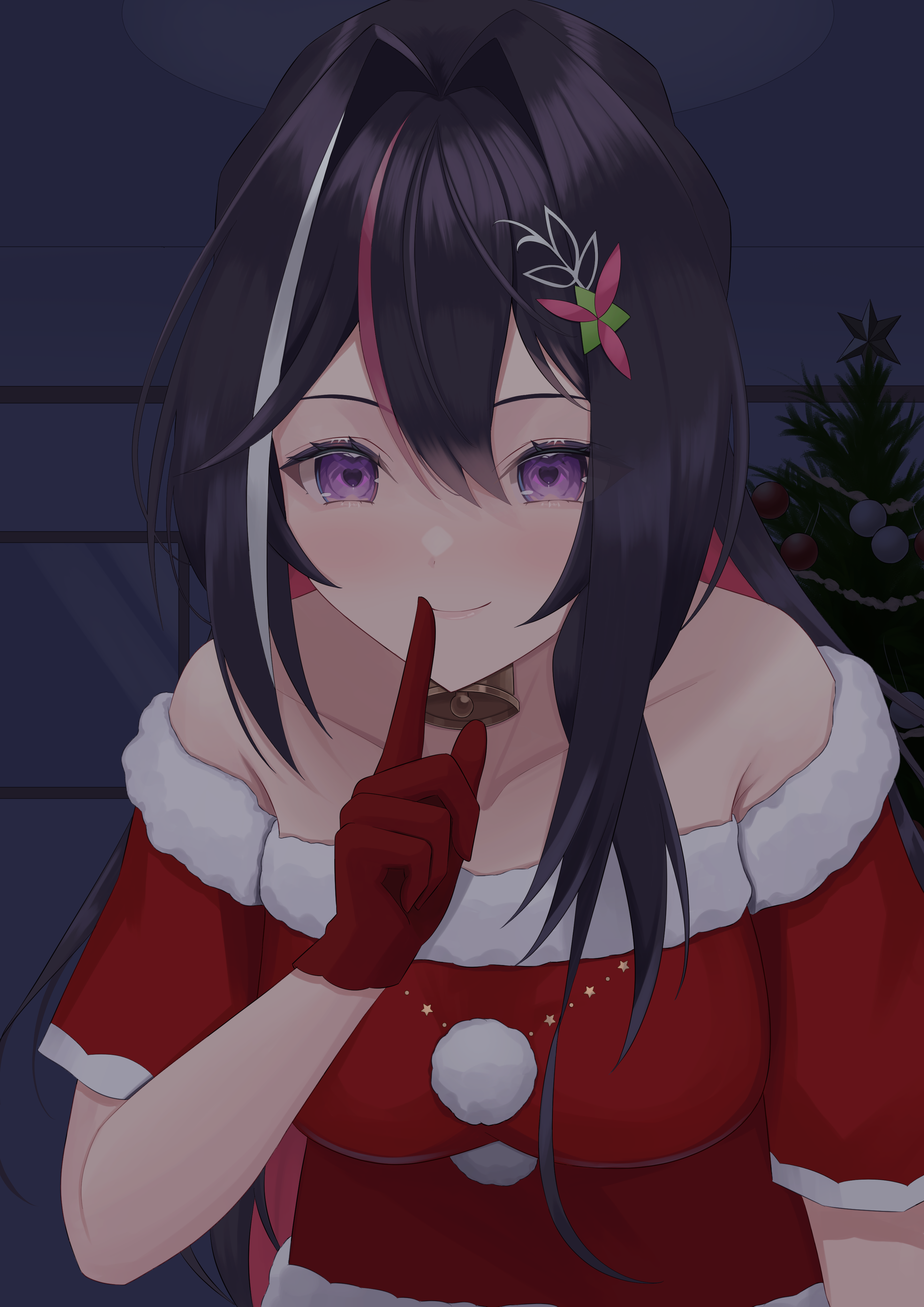 azki (hololive), hololive, absurdres, commentary request, highres, 1girl, bare shoulders, bell, black hair, christmas tree, collarbone, colored inner hair, fur trim, gloves, hair ornament, looking at viewer, multicolored hair, pink hair, pom pom (clothes), purple eyes, red gloves, santa costume, serin (zersk 04), short sleeves, virtual youtuber, white hair