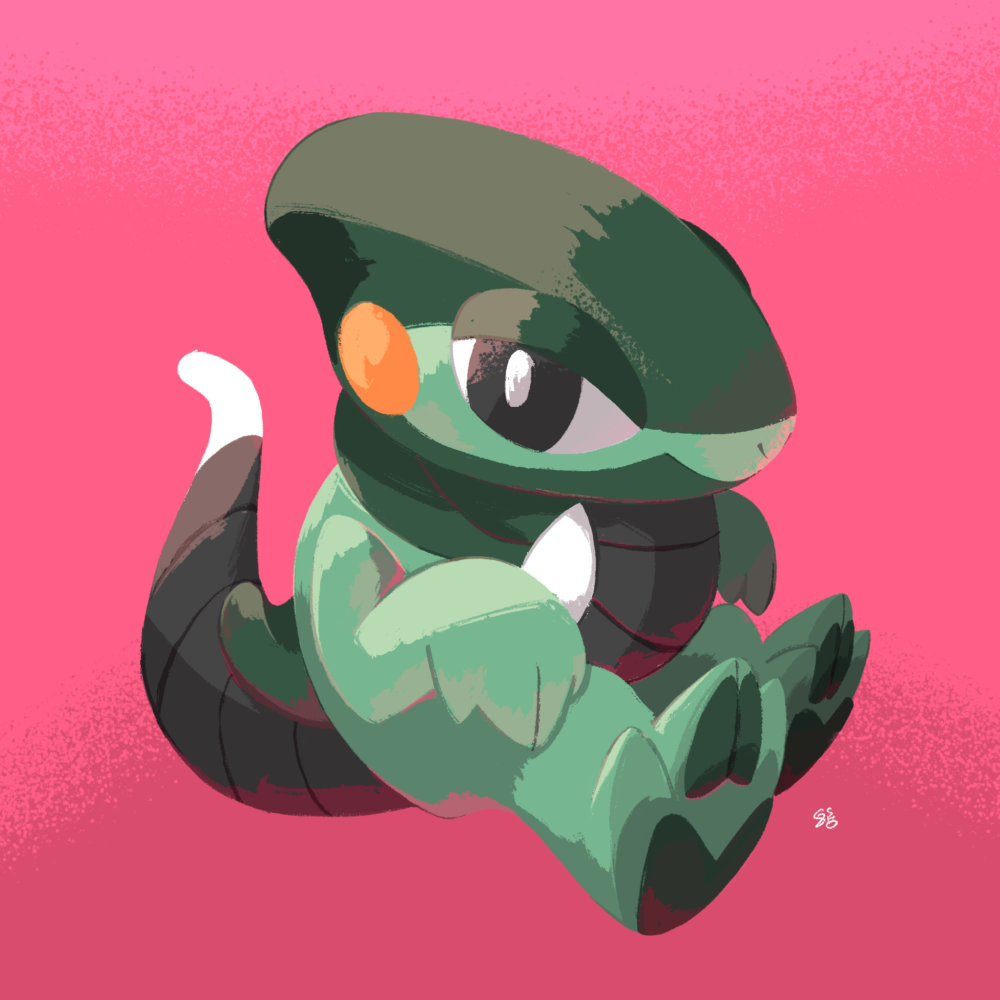 gyosho, cyclizar, nintendo, pokemon, commentary request, highres, black eyes, bright pupils, chibi, chibi only, closed mouth, full body, no humans, pink background, pokemon (creature), pokemon focus, sitting, solo, white pupils