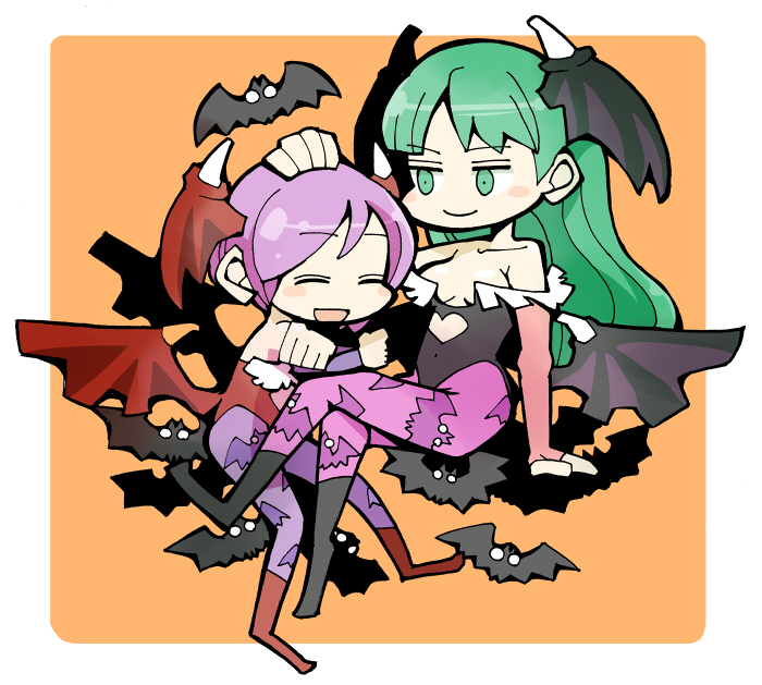 hounori, lilith (darkstalkers), morrigan aensland, capcom, darkstalkers, print legwear, bad id, bad pixiv id, 2girls, animal print, bat (animal), bat print, bat wings, boots, demon girl, head wings, leotard, multiple girls, pantyhose, red leotard, wings