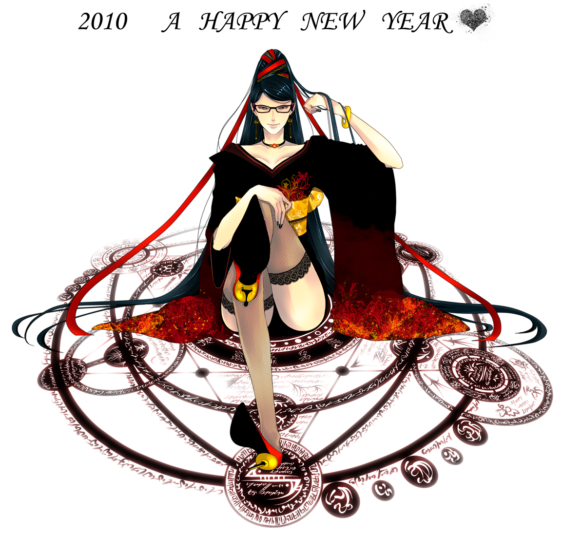 pilicapilira, xyl, bayonetta, bayonetta (series), bayonetta 1, lace-trimmed legwear, bad id, bad pixiv id, 1girl, black hair, black nails, black thighhighs, bracelet, bug, butterfly, choker, collarbone, earrings, female focus, fingernails, fishnet thighhighs, fishnets, floral print, full body, glasses, hair bun, hair ribbon, happy new year, heart, high heels, insect, japanese clothes, jewelry, kimono, lace, lace trim, long hair, long sleeves, magic circle, mole, mole under mouth, nail polish, new year, obi, red ribbon, ribbon, sash, shoes, simple background, single hair bun, smile, smirk, solo, thighhighs, very long hair, white background