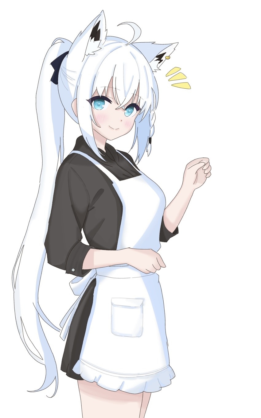 shirakami fubuki, hololive, commentary request, highres, 1girl, ahoge, animal ear fluff, animal ears, apron, black shirt, braid, earrings, extra ears, fox ears, fox girl, green eyes, hair between eyes, jewelry, le6 leo, long hair, looking at viewer, notice lines, ponytail, shirt, sidelocks, simple background, single braid, smile, solo, virtual youtuber, white apron, white background, white hair