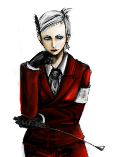 sasa (pixiv588896), bayonetta, jeanne (bayonetta), bayonetta (series), 1girl, blue eyes, earrings, eyeshadow, female focus, formal clothes, glasses, gloves, jewelry, lipstick, makeup, necktie, riding crop, short hair, simple background, solo, suit, white background, white hair