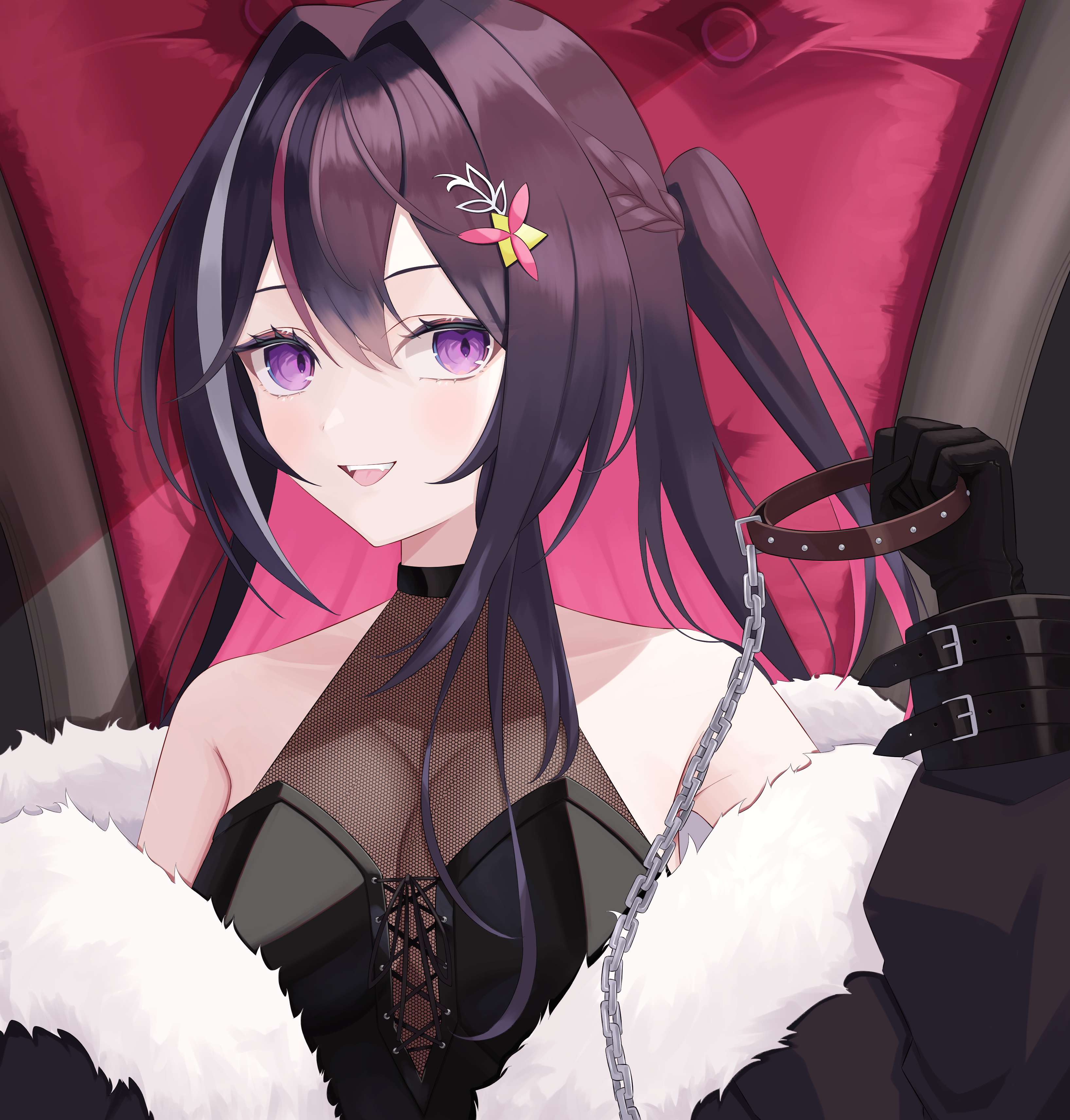 azki (hololive), hololive, absurdres, highres, 1girl, bare shoulders, black gloves, black hair, braid, breasts, chain, collarbone, colored inner hair, fur trim, gloves, holding, large breasts, multicolored hair, open mouth, pink hair, purple eyes, serin (zersk 04), side ponytail, teeth, upper teeth only, virtual youtuber, white hair