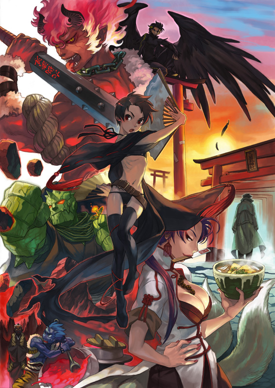 asami you, hitoko, original, 2girls, 6+boys, belt, black hair, club (weapon), demon, demon boy, food, hand fan, horns, kanabou, multiple boys, multiple girls, multiple tails, short hair, spiked club, tail, thighhighs, torii, weapon, wings