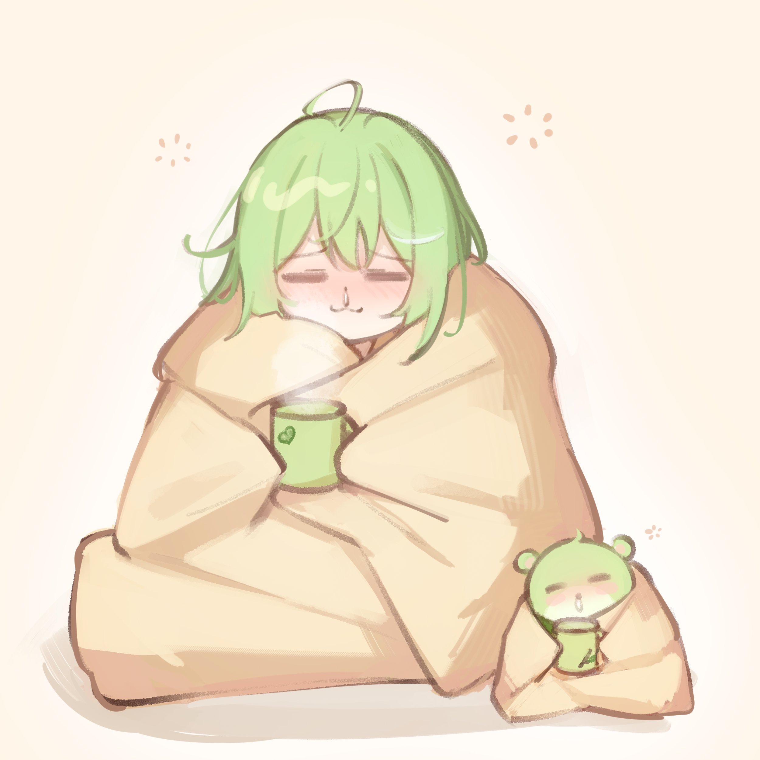 electromocha, chico (yuzuha riko), yuzuha riko, stellive, absurdres, commentary request, highres, korean commentary, 1girl, = =, ahoge, closed eyes, closed mouth, coffee mug, creature, cup, double-parted bangs, full body, green hair, holding, holding cup, mug, multicolored hair, raised inner eyebrows, simple background, sitting, snot, solo, steam, steaming cup, streaked hair, virtual youtuber, white background, wrapped in blanket