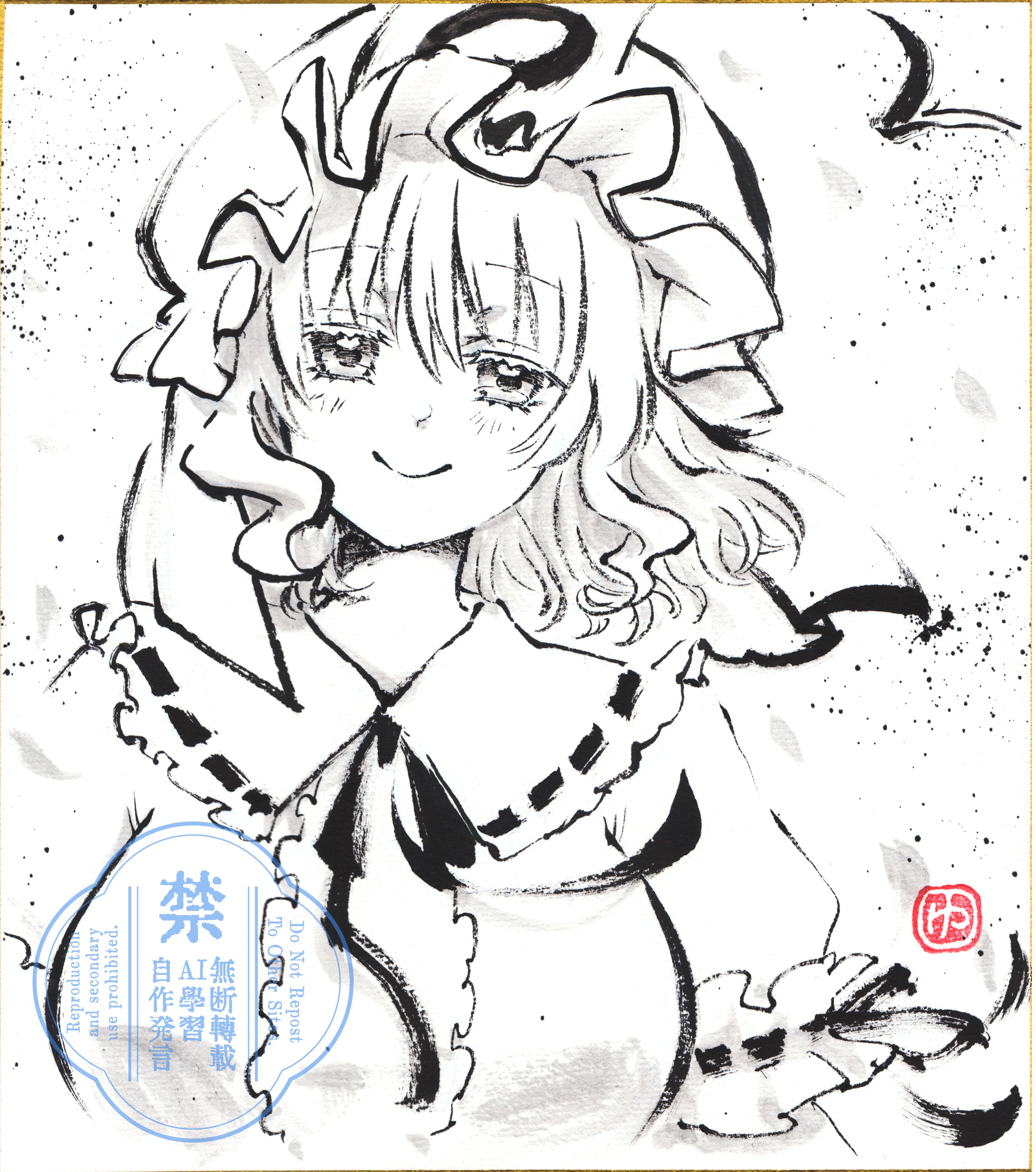 yuzuha (yuzutime), saigyouji yuyuko, touhou, absurdres, commentary, english commentary, highres, traditional media, 1girl, blush, breasts, closed mouth, frilled kimono, frills, greyscale, hat, japanese clothes, kimono, large breasts, looking at viewer, medium hair, mob cap, monochrome, neck ribbon, ribbon, shikishi, sleeve garter, smile, solo, sumi-e, triangular headpiece, upper body, watermark