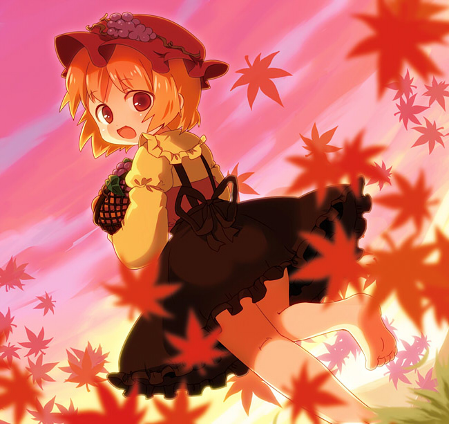 chaba (hortensia), aki minoriko, touhou, 1girl, barefoot, basket, child, cloud, feet, female focus, food, from below, fruit, grapes, hat, leaf, maple leaf, orange hair, outdoors, plant, sky, smile, soles, solo, standing, toes