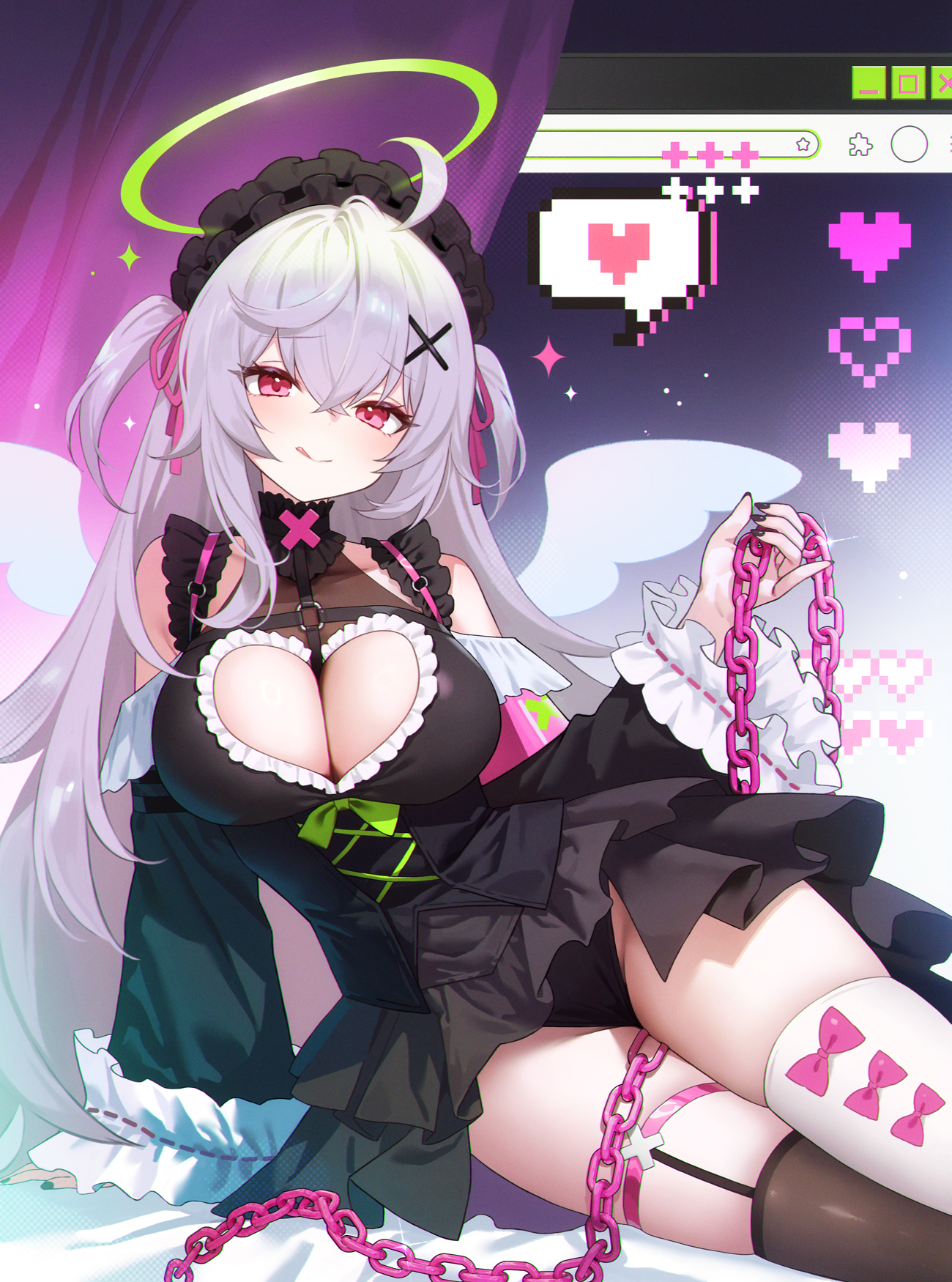 adelie cat, beatrixa (stella sora), lilibea (stella sora), stella sora, hashtag-only commentary, highres, 1girl, arm support, asymmetrical legwear, bare shoulders, bed, bed sheet, black dress, black headdress, black nails, black panties, black thighhighs, breasts, chain, chest harness, cleavage, cleavage cutout, closed mouth, clothing cutout, covered collarbone, criss-cross strings, crossed bangs, curtains, detached sleeves, dress, fellatio, frilled dress, frilled headwear, frilled sleeves, frills, garter straps, green halo, grey hair, groin, hair between eyes, hair ornament, hair ribbon, halo, harness, heart, heart cutout, holding, holding weapon, large breasts, licking, licking penis, light particles, long hair, long sleeves, looking at viewer, mismatched legwear, nail polish, on bed, oral, panties, penis, pink ribbon, pixel heart, ribbon, ribbon-trimmed sleeves, ribbon trim, sidelocks, single garter strap, sitting, smile, solo, sparkle, star (symbol), strap, thigh strap, thighhighs, thighs, tongue, tongue out, two side up, underwear, very long hair, weapon, white thighhighs, white wings, wings, x hair ornament