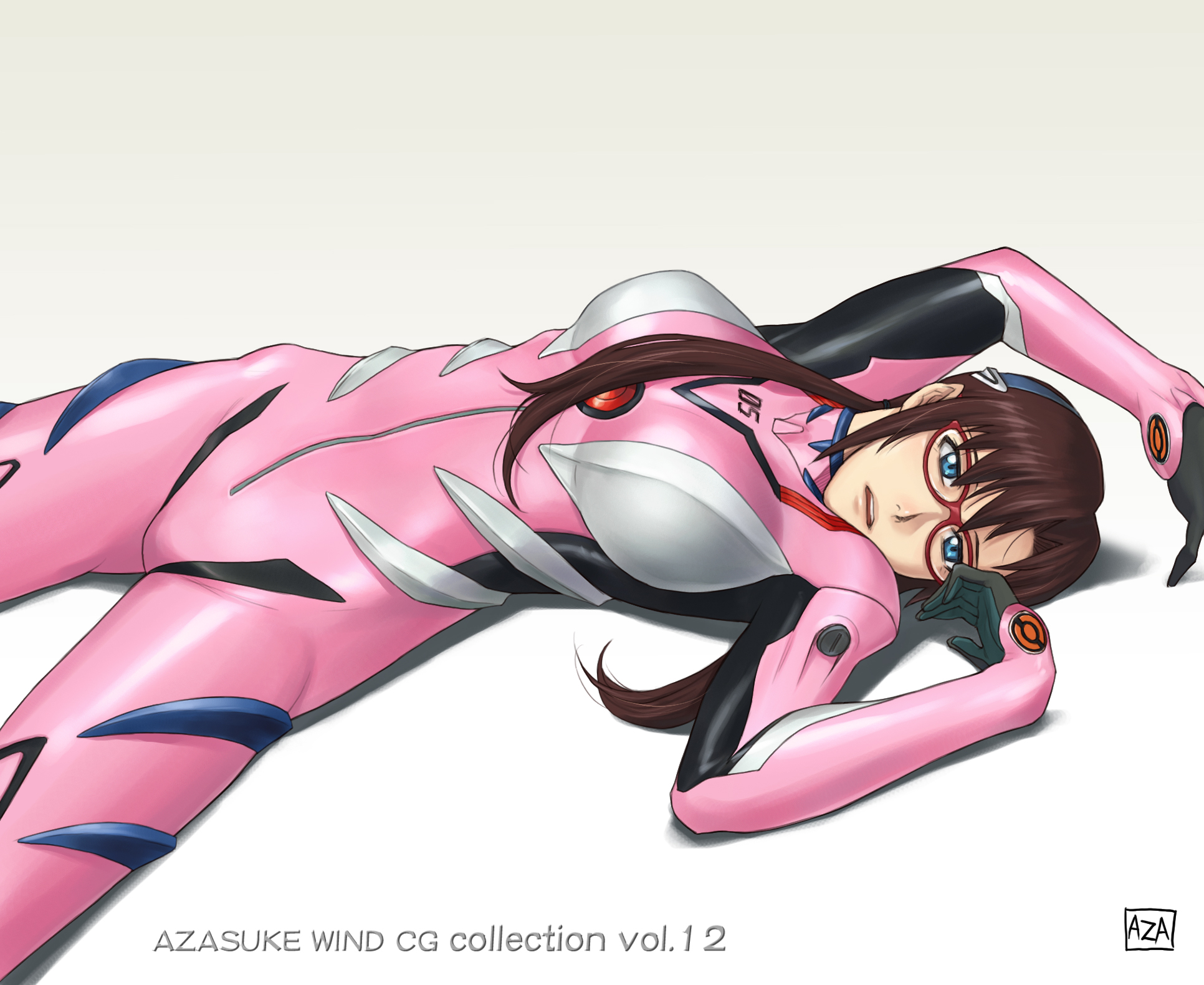 azasuke, makinami mari illustrious, neon genesis evangelion, rebuild of evangelion, highres, 00s, 1girl, blue eyes, breasts, breasts apart, brown hair, cowboy shot, female focus, from side, glasses, gradient background, grey background, long hair, lying, mecha pilot suit, on back, parted bangs, plugsuit (evangelion), solo, spread legs, twintails, white background