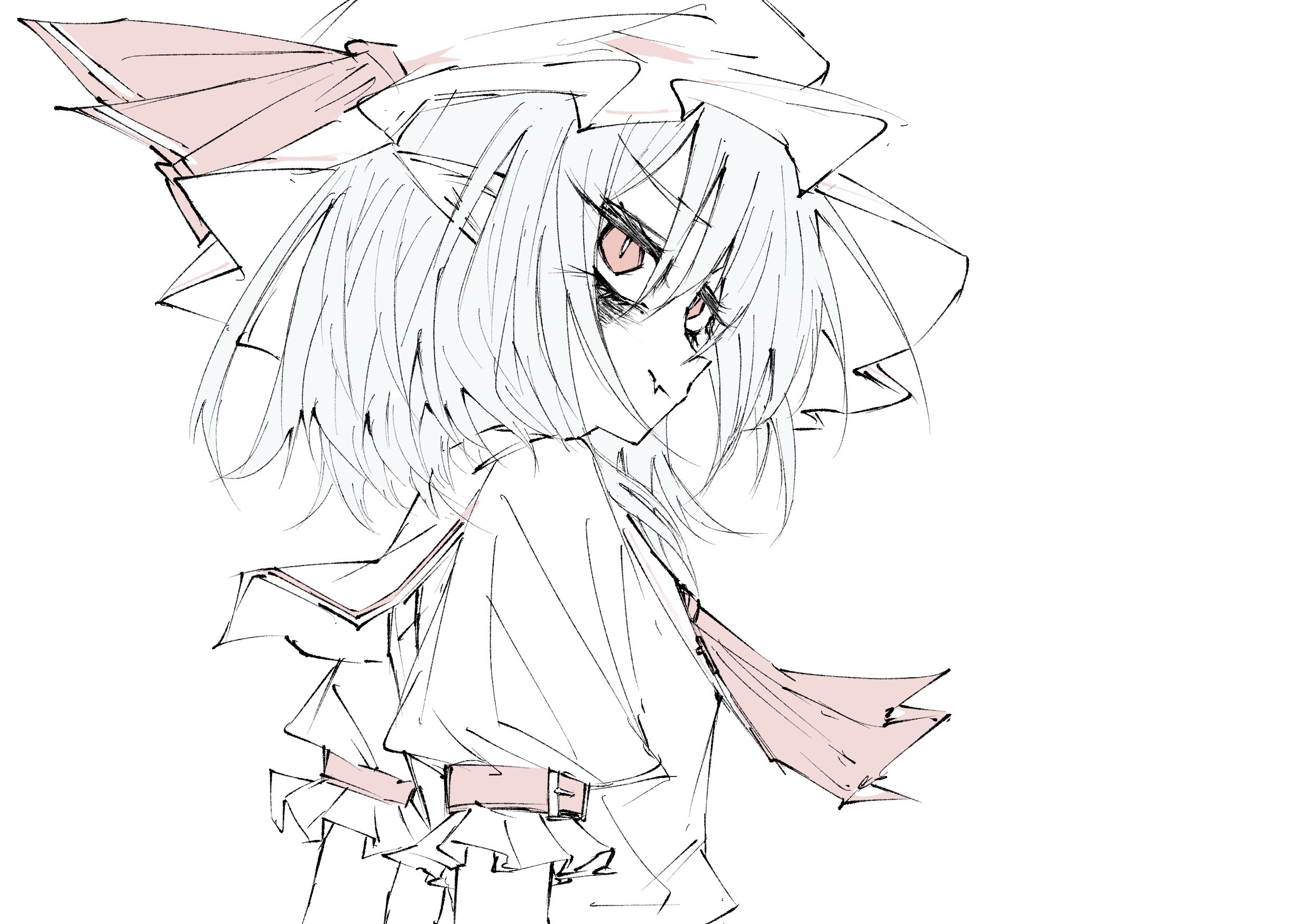 aizettonagi, remilia scarlet, touhou, highres, 1girl, ascot, fang, from side, hat, medium hair, mob cap, muted color, pointy ears, profile, red ascot, red eyes, simple background, sleeve belt, solo, upper body, white background