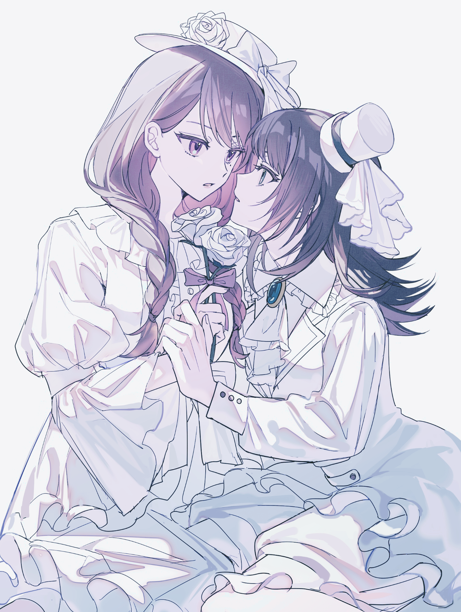 icejiangyusky, shiina taki, yahata umiri, animate (company), animate cafe, bang dream!, bang dream! it's mygo!!!!!, chinese commentary, commentary request, highres, 2girls, ascot, black hair, blush, braid, brooch, brown hair, dress, flower, hat, holding another's wrist, jewelry, long hair, long sleeves, looking at another, mini hat, mole, mole under eye, multiple girls, parted lips, purple eyes, rose, simple background, twin braids, white ascot, white background, white dress, white flower, white hat, white rose, yuri