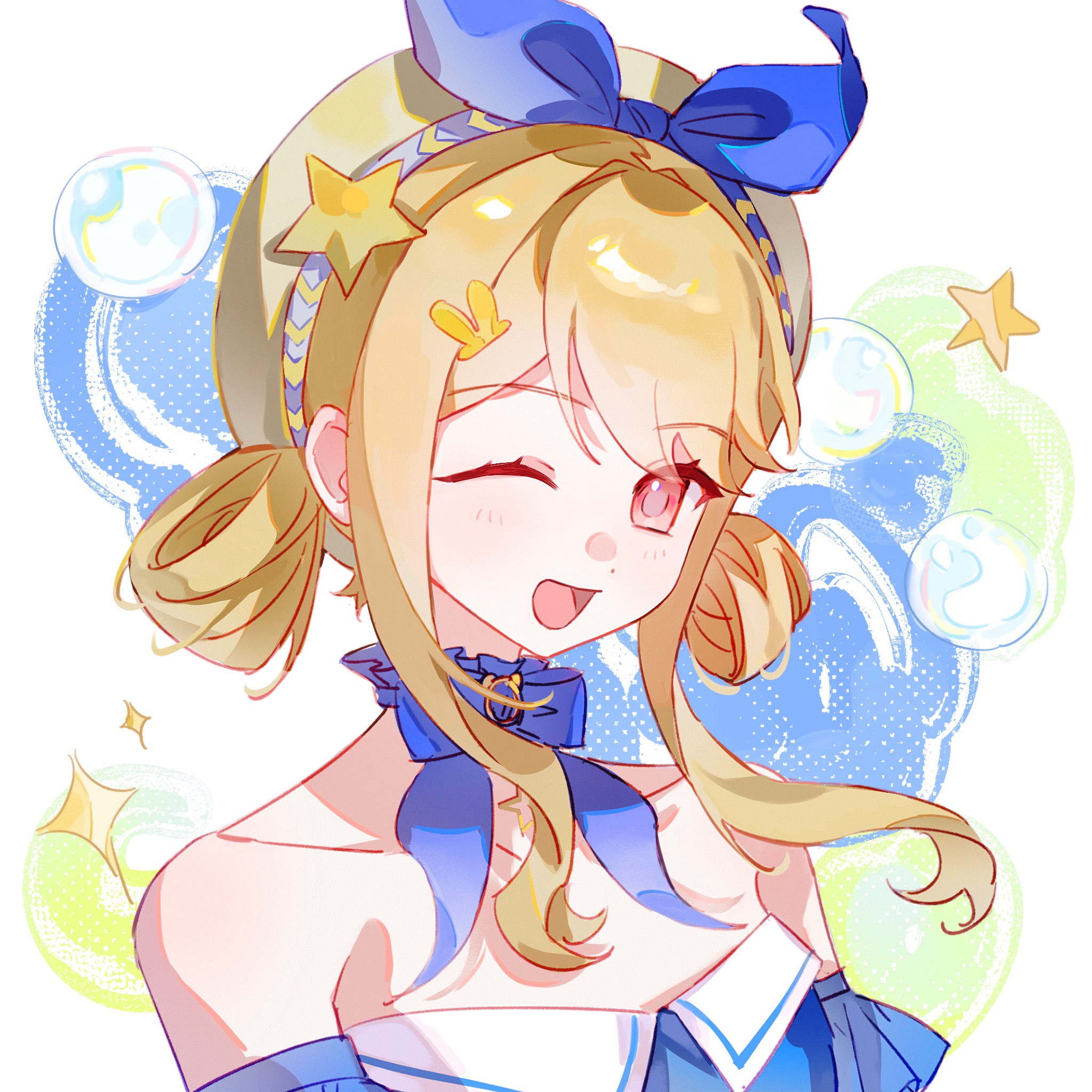 bubbly voyage (infinity nikki), infinity nikki, nikki (series), commentary, highres, symbol-only commentary, 1girl, anyan44993, bare shoulders, beret, blonde hair, blue bow, blue bowtie, blue choker, blue dress, blue sleeves, bow, bow choker, bowtie, brooch, brown eyes, bubble, choker, collarbone, collared dress, detached sleeves, dot nose, dress, eyelashes, floating hair, frilled choker, frilled sleeves, frills, hair intakes, hair ornament, hair rings, hairclip, halftone, halftone background, happy, hat, hat bow, hat ornament, jewelry, looking at viewer, one eye closed, open mouth, rabbit hair ornament, short hair with long locks, short sleeves, sidelocks, smile, solo, star (symbol), star choker, star hat ornament, strapless, strapless dress, upper body, white background, wind