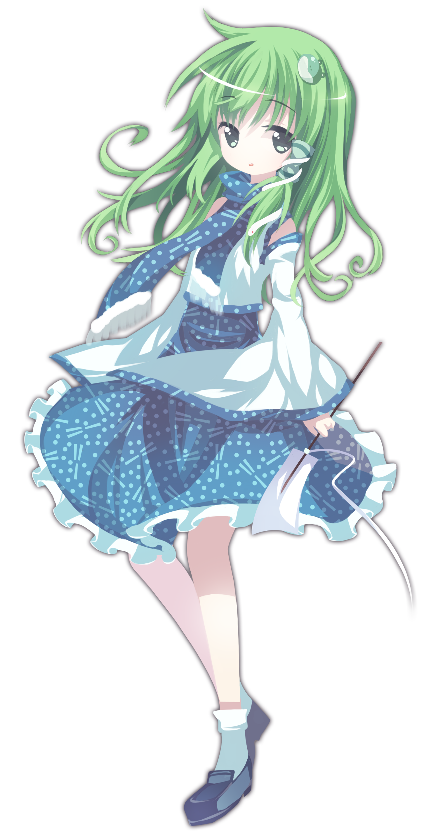 curtain (posuinochuanglian), kochiya sanae, touhou, absurdres, highres, 1girl, detached sleeves, female focus, frog, full body, gohei, green hair, hair ornament, long hair, oonusa, scarf, snake, solo, standing, transparent background
