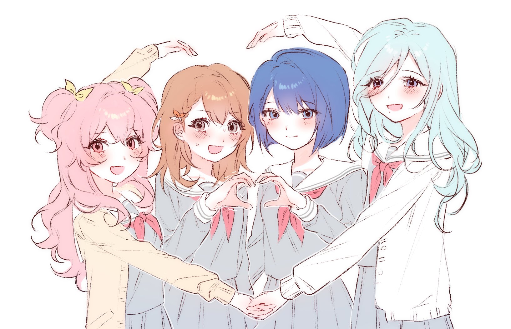 hanasato minori, hinomori shizuku, kiritani haruka, momoi airi, project sekai, commentary request, highres, korean commentary, 4girls, :d, blue eyes, blue hair, blush, bob cut, braid, breasts, brown hair, cardigan, closed mouth, cowboy shot, crossed bangs, flower, girl sandwich, grey eyes, grey serafuku, grey shirt, grey skirt, hair behind ear, hair between eyes, hair flower, hair ornament, hair ribbon, heart, heart arms, heart arms duo, heart hands, heart hands duo, holding hands, komeng 64, long hair, long sleeves, looking at viewer, miyamasuzaka girls' academy school uniform, mole, mole under mouth, more more jump! (project sekai), multiple girls, neckerchief, open cardigan, open clothes, open mouth, pink eyes, pink hair, pleated skirt, red neckerchief, ribbon, sailor collar, sandwiched, school uniform, serafuku, shirt, short hair, side braid, sidelocks, simple background, skirt, small breasts, smile, sweatdrop, two side up, white background, white cardigan, white sailor collar, yellow cardigan, yellow ribbon