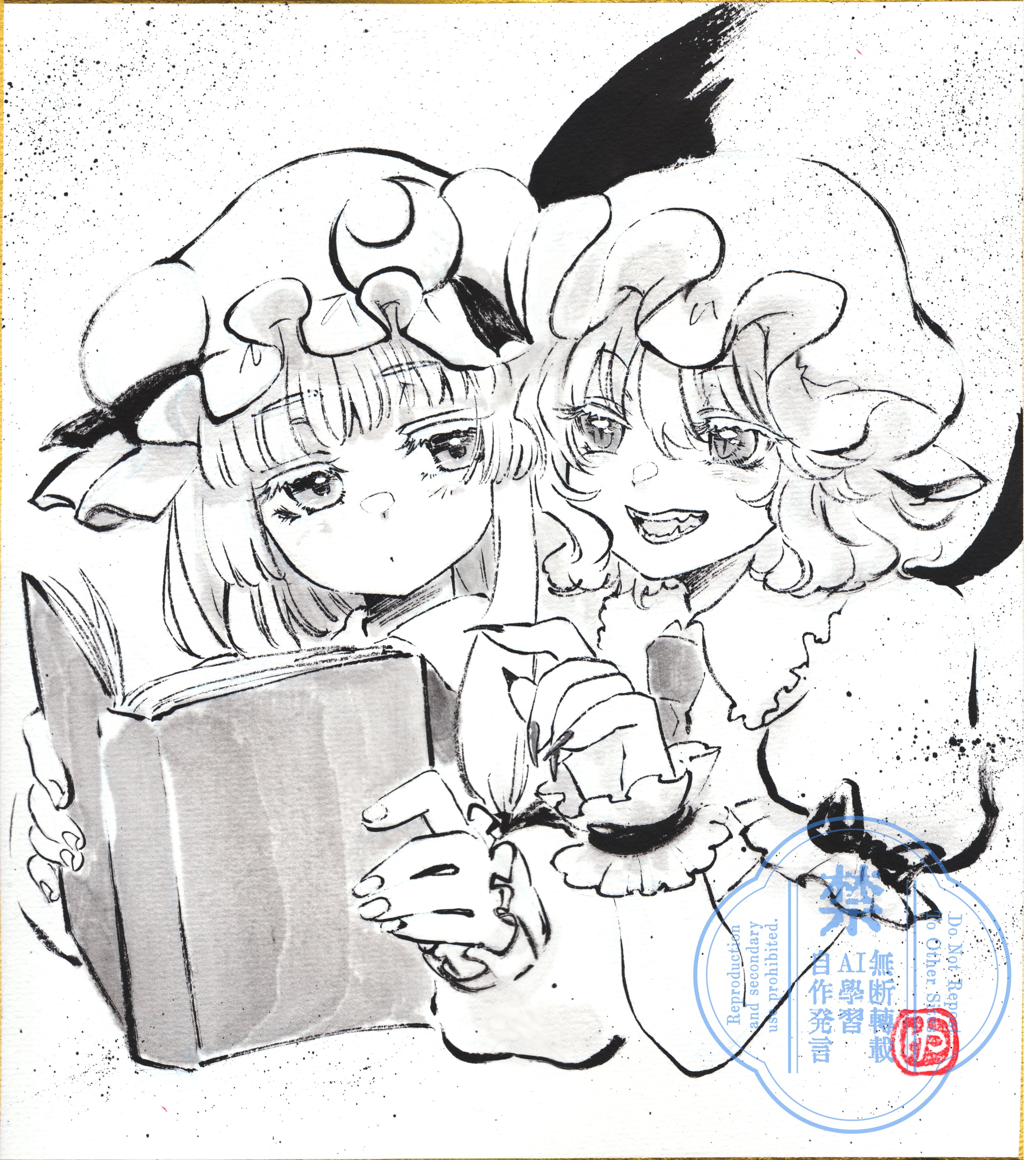 yuzuha (yuzutime), patchouli knowledge, remilia scarlet, touhou, absurdres, commentary, english commentary, highres, mixed-language commentary, traditional media, 2girls, ascot, book, crescent, crescent hat ornament, dress, fingernails, greyscale, hat, hat ornament, hat ribbon, holding, holding book, long fingernails, mob cap, monochrome, multiple girls, open book, open mouth, ribbon, sharp fingernails, shikishi, smile, sumi-e, teeth, upper body, watermark, wrist cuffs