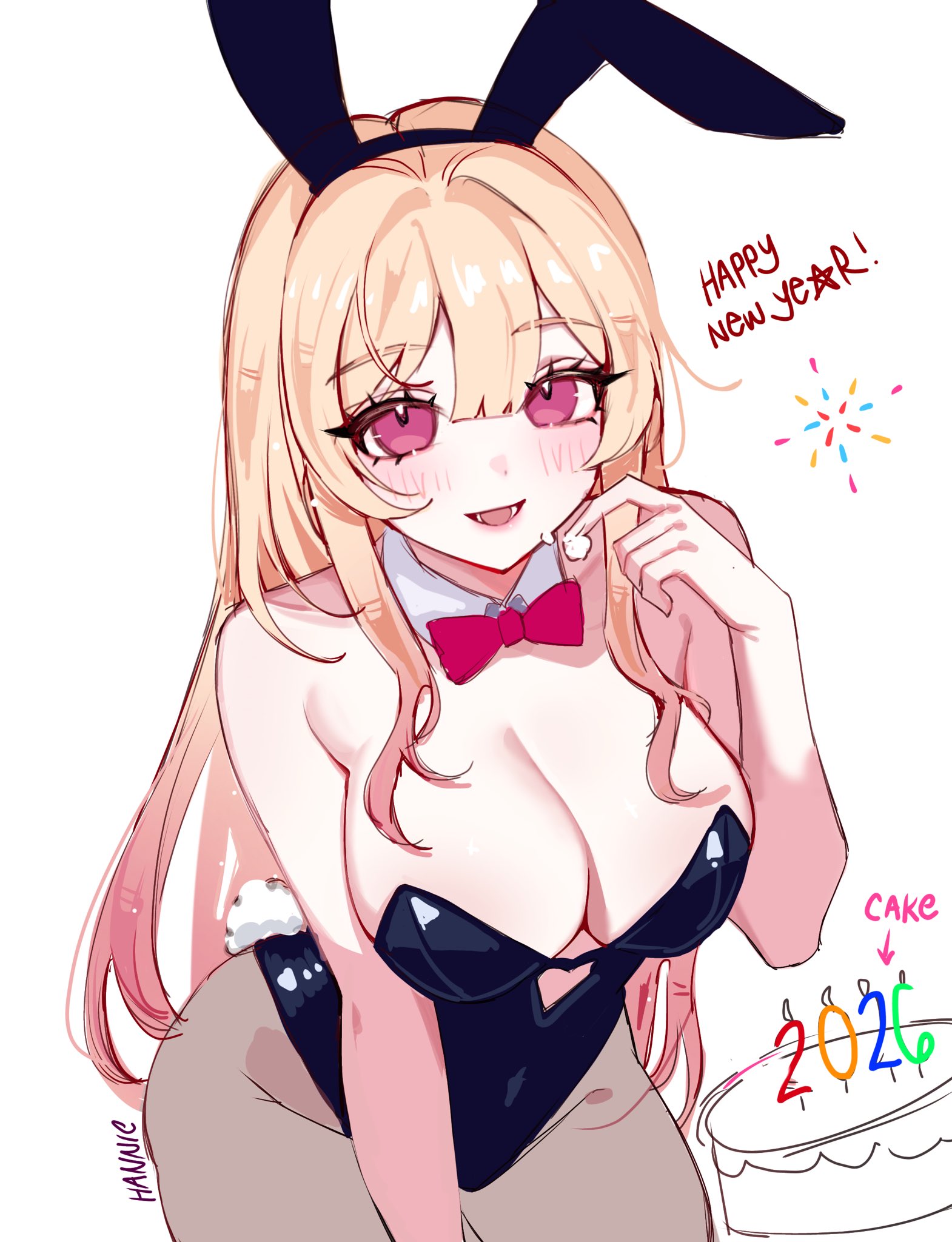 kitagawa marin, sono bisque doll wa koi wo suru, commentary, english commentary, highres, 1girl, 2026, animal ears, blonde hair, blush, bow, bowtie, cake, fireworks, food, gradient hair, han 2792, happy new year, icing on face, long hair, multicolored hair, new year, pantyhose, pink bow, pink bowtie, pink eyes, pink hair, playboy bunny, rabbit ears, rabbit tail, solo, tail, white background
