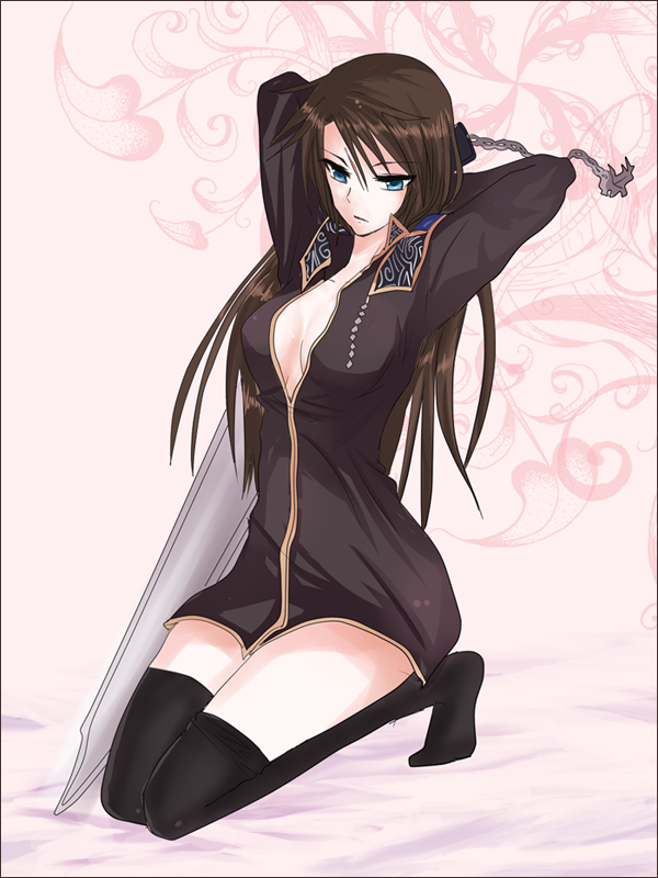 jinno, squall leonhart, final fantasy, final fantasy viii, gender request, 1990s (style), 1girl, blue eyes, breasts, brown hair, cleavage, female focus, genderswap, jewelry, long hair, military, military uniform, necklace, retro artstyle, sitting, solo, thighhighs