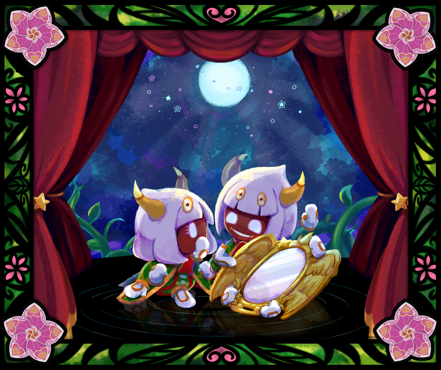orange (kylatp01o1), old friend (kirby), queen sectonia, taranza, kirby: triple deluxe, kirby (series), nintendo, commentary request, highres, blunt bangs, curtains, dimension mirror, empty eyes, eyelashes, fangs, flower, full moon, gloves, holding, holding mirror, horns, leaf, mirror, moon, night, open mouth, pink flower, plant, rayman limbs, ripples, smile, star (sky), vines, white gloves, white hair