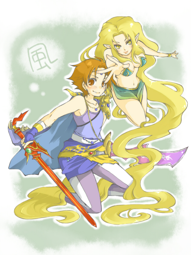 necoya, necoya3, barbariccia, bartz klauser, dissidia final fantasy, final fantasy, final fantasy iv, final fantasy v, 1990s (style), 1boy, 1girl, absurdly long hair, bikini, blonde hair, blush, bracelet, brown hair, cape, dagger, dual wielding, holding, jewelry, knife, loincloth, long hair, pasties, pointy ears, retro artstyle, short hair, skirt, swimsuit, sword, very long hair, weapon, yellow eyes