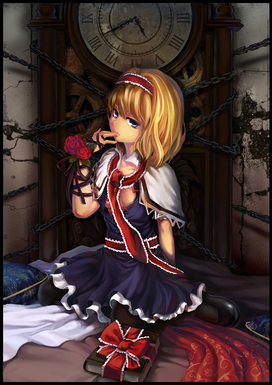 klamp, alice margatroid, touhou, highres, 1girl, blonde hair, blue eyes, book, chain, clock, female focus, flower, grandfather clock, hairband, open clothes, open shirt, pantyhose, rose, shirt, short hair, solo