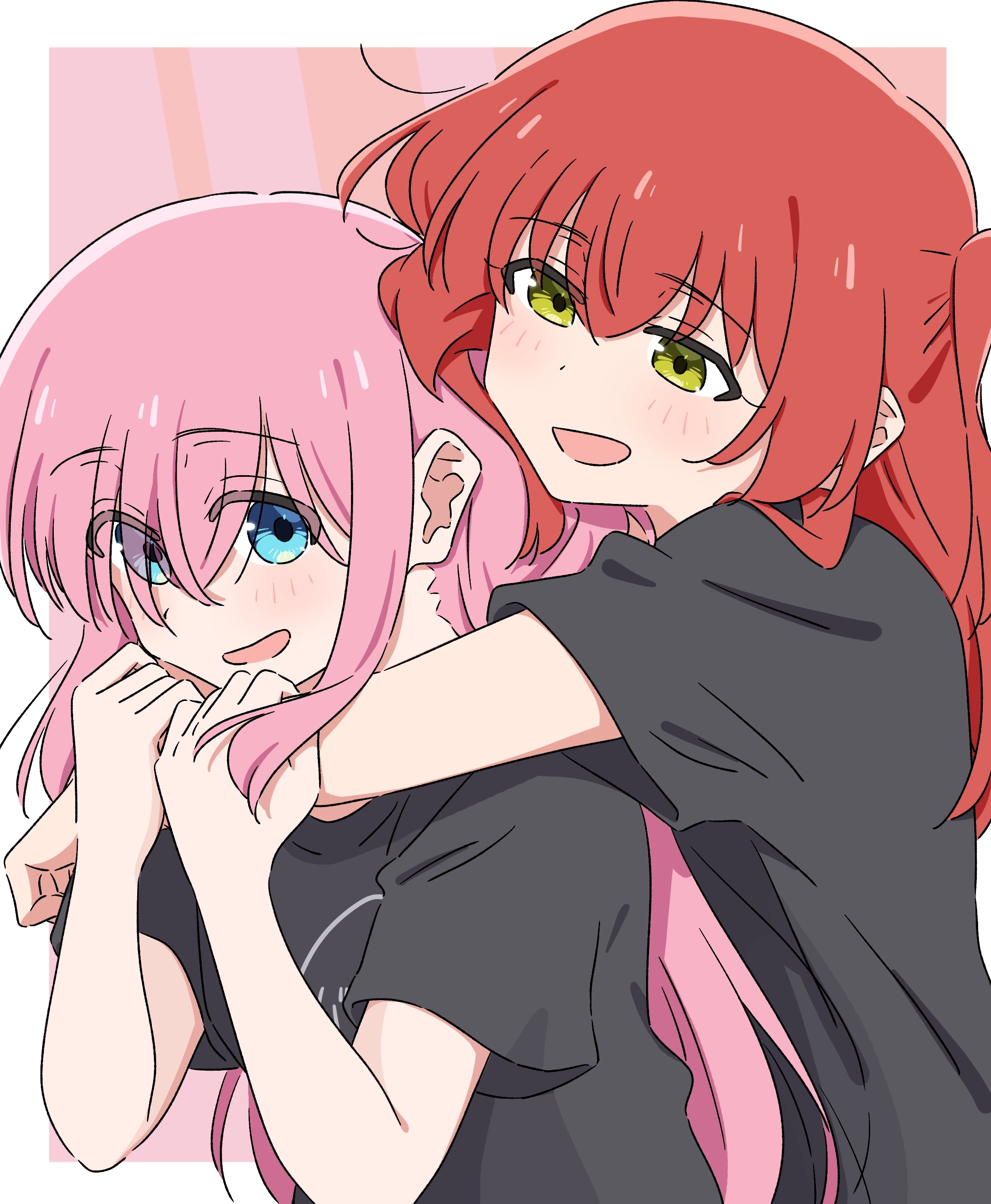 mayo (oekaki bibbi), gotoh hitori, kita ikuyo, bocchi the rock!, absurdres, commentary request, highres, 2girls, black shirt, blue eyes, blush, hug, hug from behind, kessoku band t-shirt, long hair, medium hair, multiple girls, open mouth, pink background, pink hair, red hair, shirt, side ponytail, simple background, smile, white background, yellow eyes, yuri