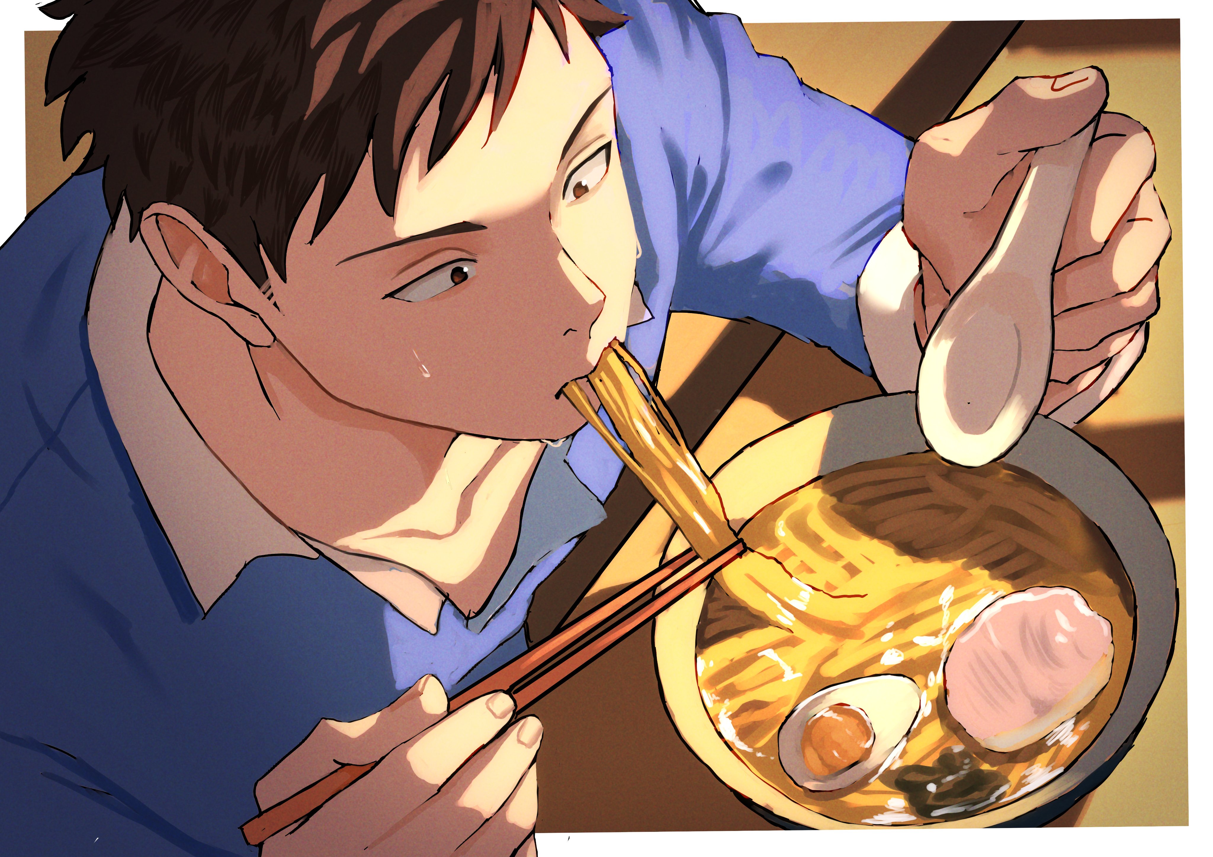 magurosamm, yashiro kizuku, nijisanji, absurdres, commentary request, highres, 1boy, border, brown eyes, brown hair, chopsticks, eating, egg (food), food, food in mouth, holding, holding chopsticks, male focus, noodles, solo, virtual youtuber, white border