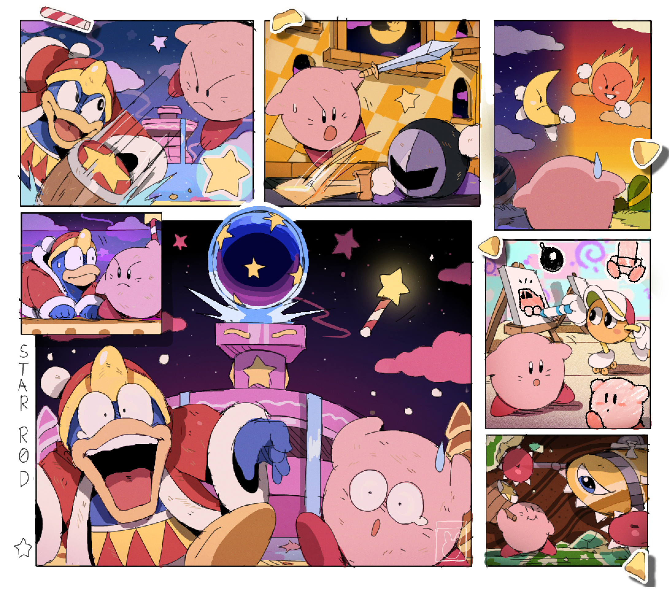 bendedede, hammer kirby, heavy mole, kirby, meta knight, mr. bright, mr. shine, nightmare (kirby), sword kirby, kirby's adventure, kirby (series), nintendo, commentary, english commentary, highres, :o, baseball cap, border, canvas (object), circular saw, closed mouth, cloud, copy ability, crayon, drawing (action), drawing (object), easel, english text, fighting, fountain, fountain of dreams, hammer, hat, holding, holding crayon, holding hammer, holding sword, holding weapon, indoors, jacket, mask, motion blur, night, one-eyed, open clothes, open jacket, open mouth, outdoors, paint roller (kriby), red hat, red jacket, roller skates, saw, skates, sky, smile, star (sky), star (symbol), star rod, sweatdrop, sword, teeth, tongue, underground, upper teeth only, water, weapon, white border