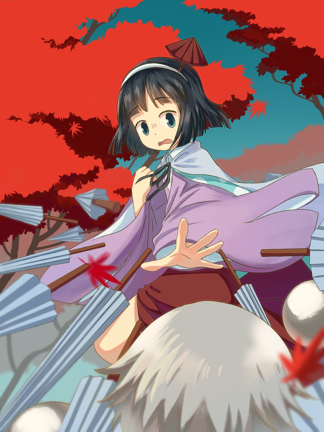 baila kuangzi, amanomiya jun, houlen yabusame, earthen miraculous sword, len'en, commentary request, highres, 2others, androgynous, autumn, black hair, blue eyes, blunt bangs, collared shirt, danmaku, grey hair, hairband, japanese clothes, long sleeves, multiple others, polka dot cape, shirt, short hair, umbrella, umbrella hair ornament, white hairband