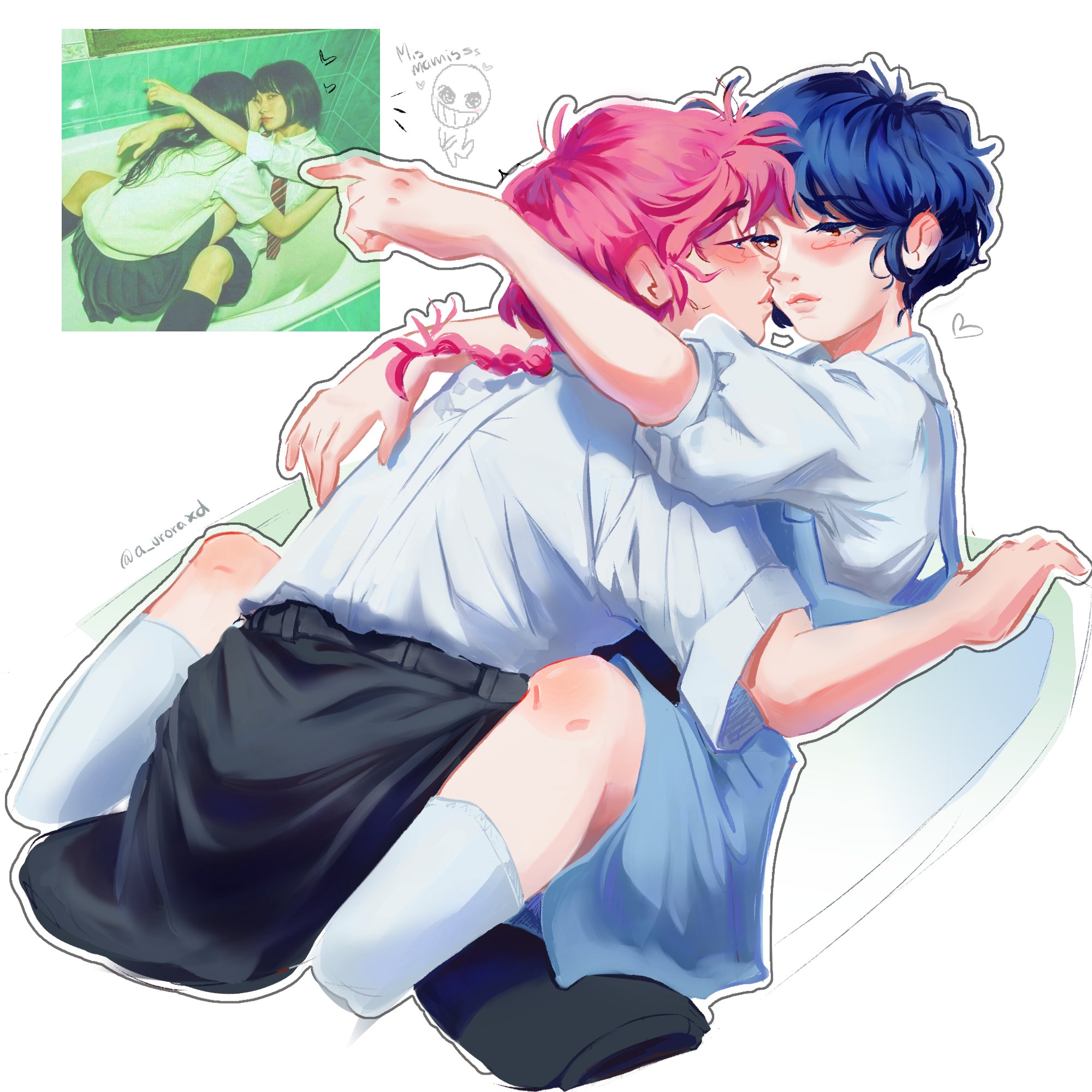 ranma-chan, tendou akane, ranma 1/2, looking at each other, highres, photo-referenced, 2girls, a uroraxd, black skirt, blue eyes, blue hair, blue skirt, braid, braided ponytail, brown eyes, hug, leg lock, multiple girls, pink hair, pleated skirt, school uniform, shirt, short hair, skirt, socks, spread legs, white shirt, white socks, yuri