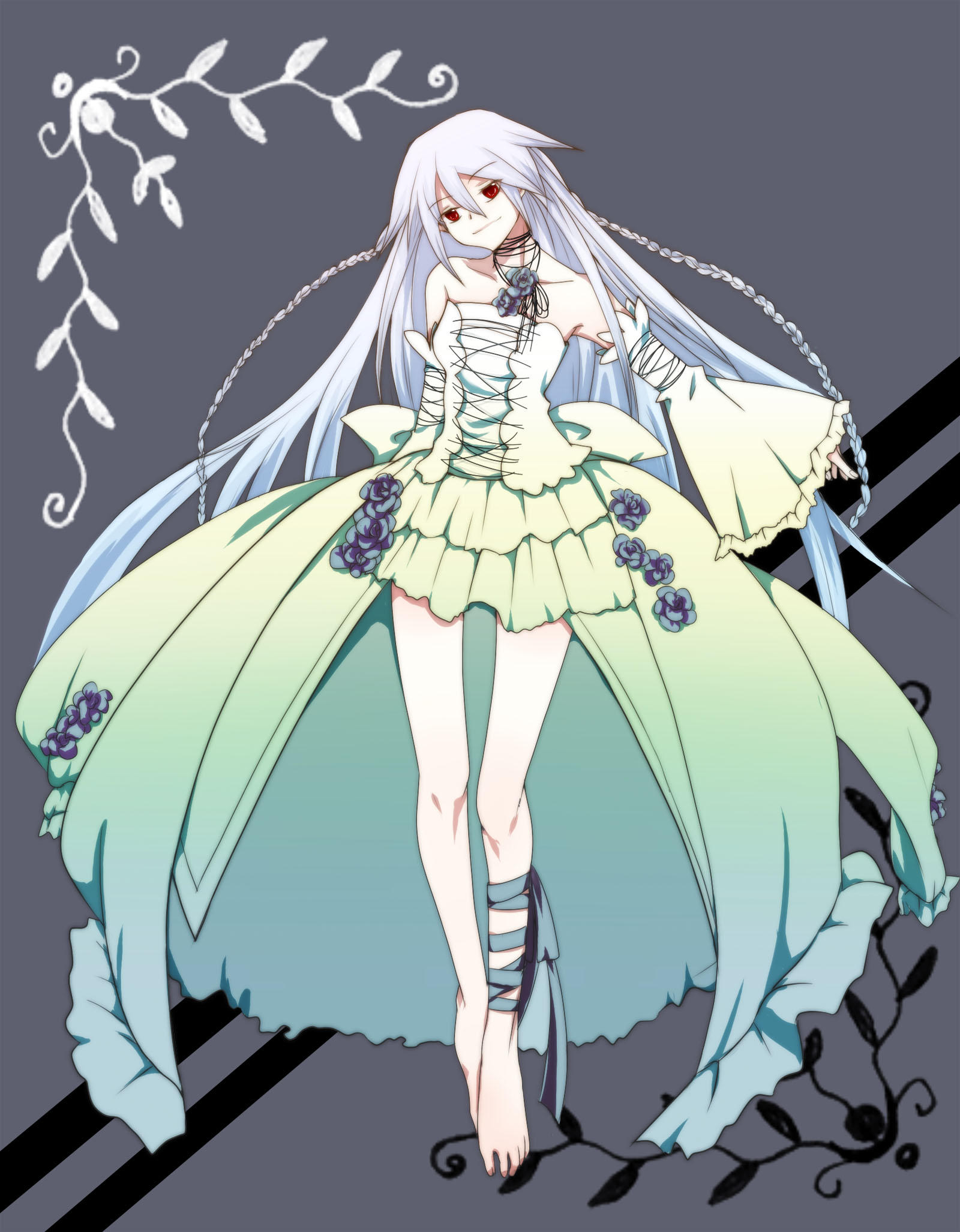 rass, will of the abyss, pandora hearts, highres, 00s, barefoot, braid, feet, flat chest, flower, gradient hair, long hair, mini style gown, multicolored hair, red eyes, ribbon, smile, solo, very long hair, white hair