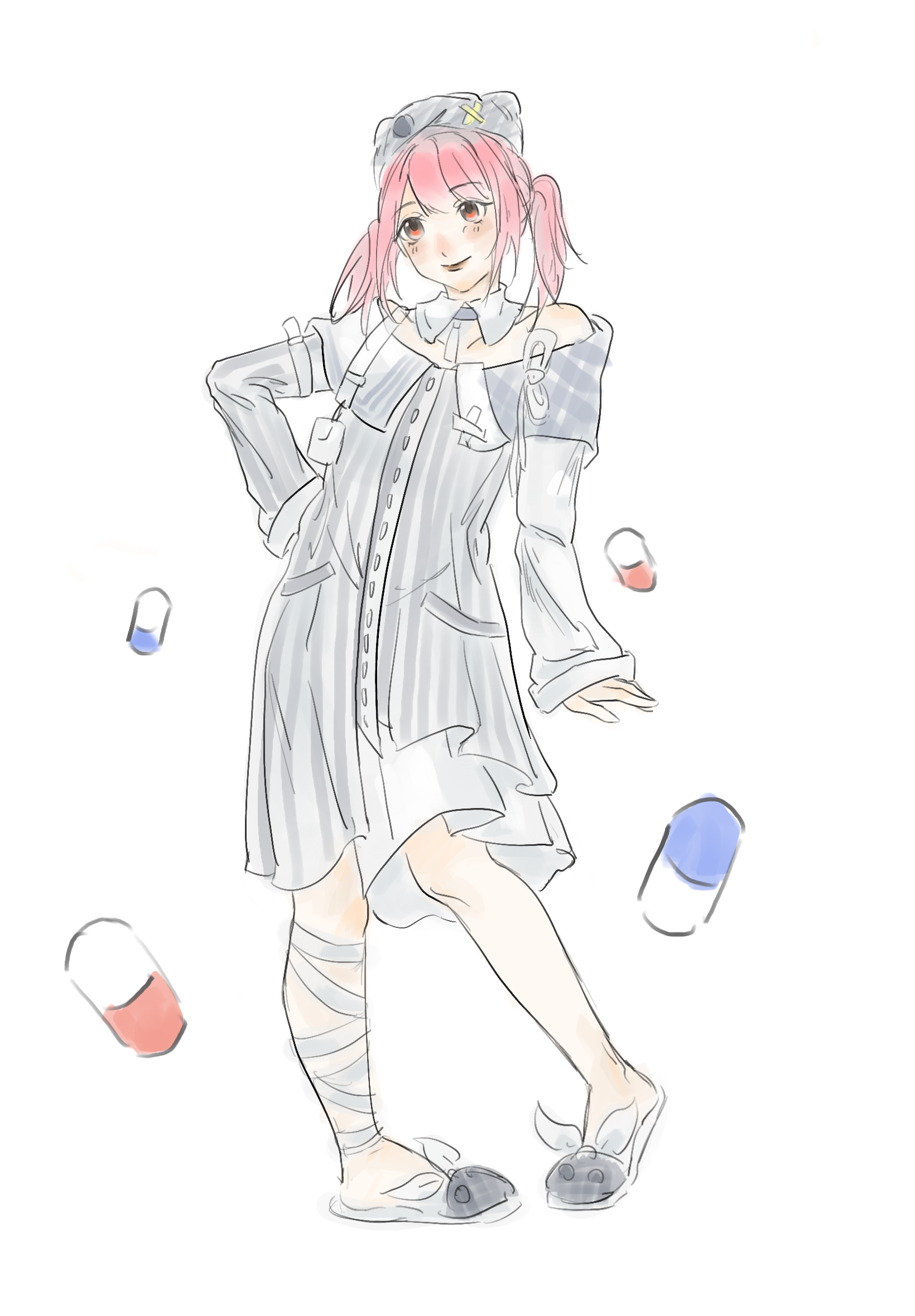 nikki (nikki), quirky idea (infinity nikki), infinity nikki, nikki (series), chinese commentary, commentary request, highres, 1girl, animal ear headwear, animal ears, asymmetrical sleeves, bandaged leg, bandages, bare shoulders, beanie, blue choker, bow, brown eyes, buttons, cat ears, choker, closed mouth, collar, collarbone, collared dress, crossed bandaids, detached collar, dot nose, dress, fake animal ears, footwear bow, full body, grey hat, hand on own hip, happy, hat, light blush, lipstick, long hair, long sleeves, looking ahead, makeup, medium dress, mismatched sleeves, off-shoulder dress, off shoulder, paperclip, pill, pink hair, pleated dress, pocket, red lips, simple background, sleeve cuffs, sleeves past wrists, slippers, smile, solo, standing, striped clothes, striped dress, tenshi kaiwai, twintails, vertical-striped clothes, vertical-striped dress, white background, white bow, white collar, white dress, white slippers, xiyu5737